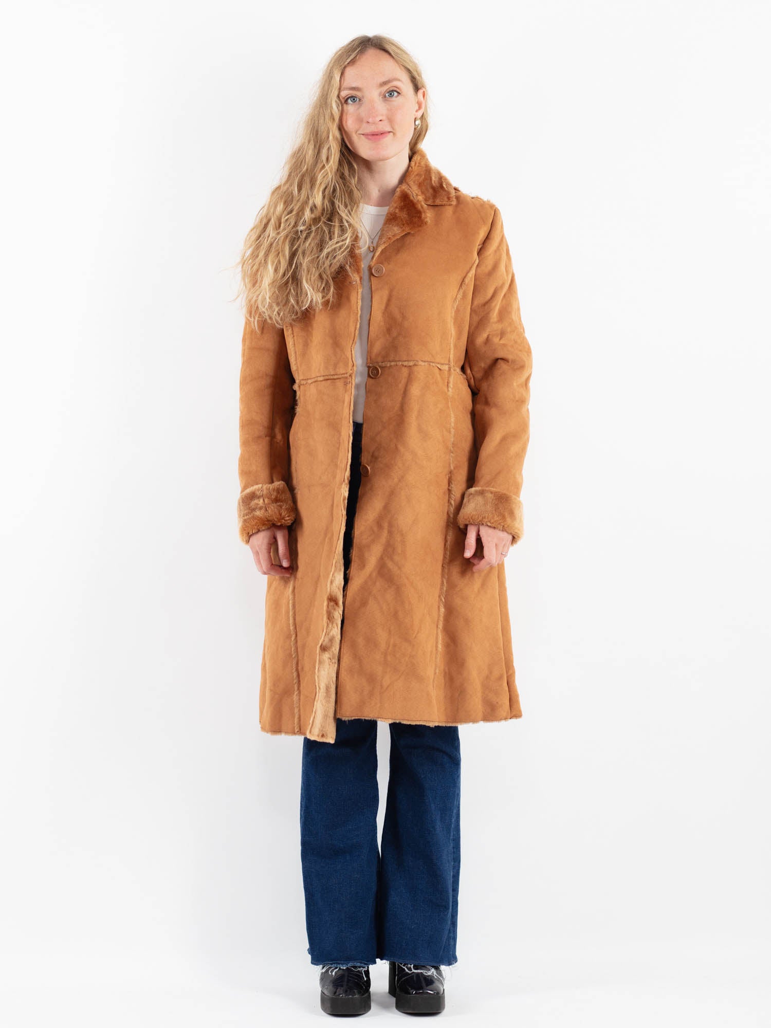 Vintage 00's Women Faux Sheepskin Coat in Brown by Northern Grip