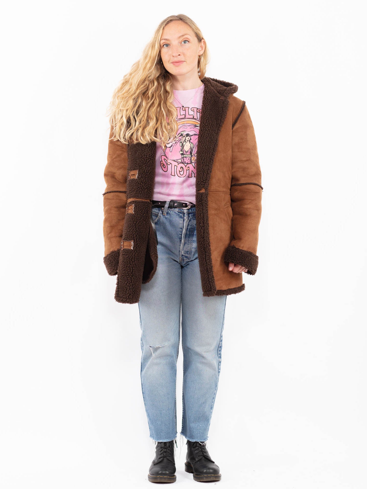 Vintage 90's Women Hooded Faux Sheepskin Coat in Brown by Northern Grip