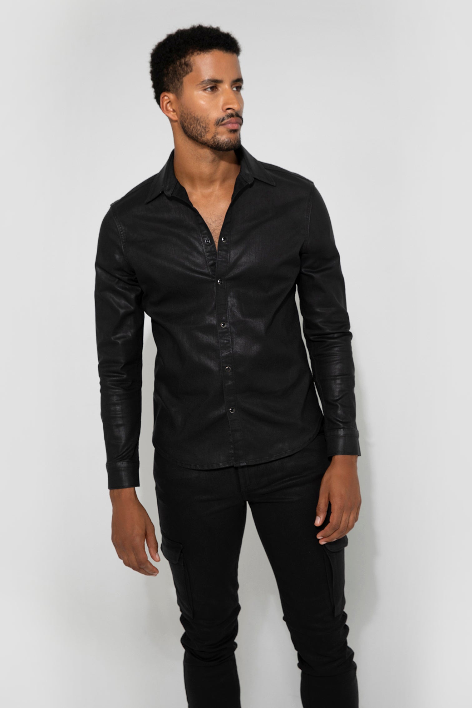 Cooper Coated Noir Stretch Long Sleeve Shirt by MONFRERE