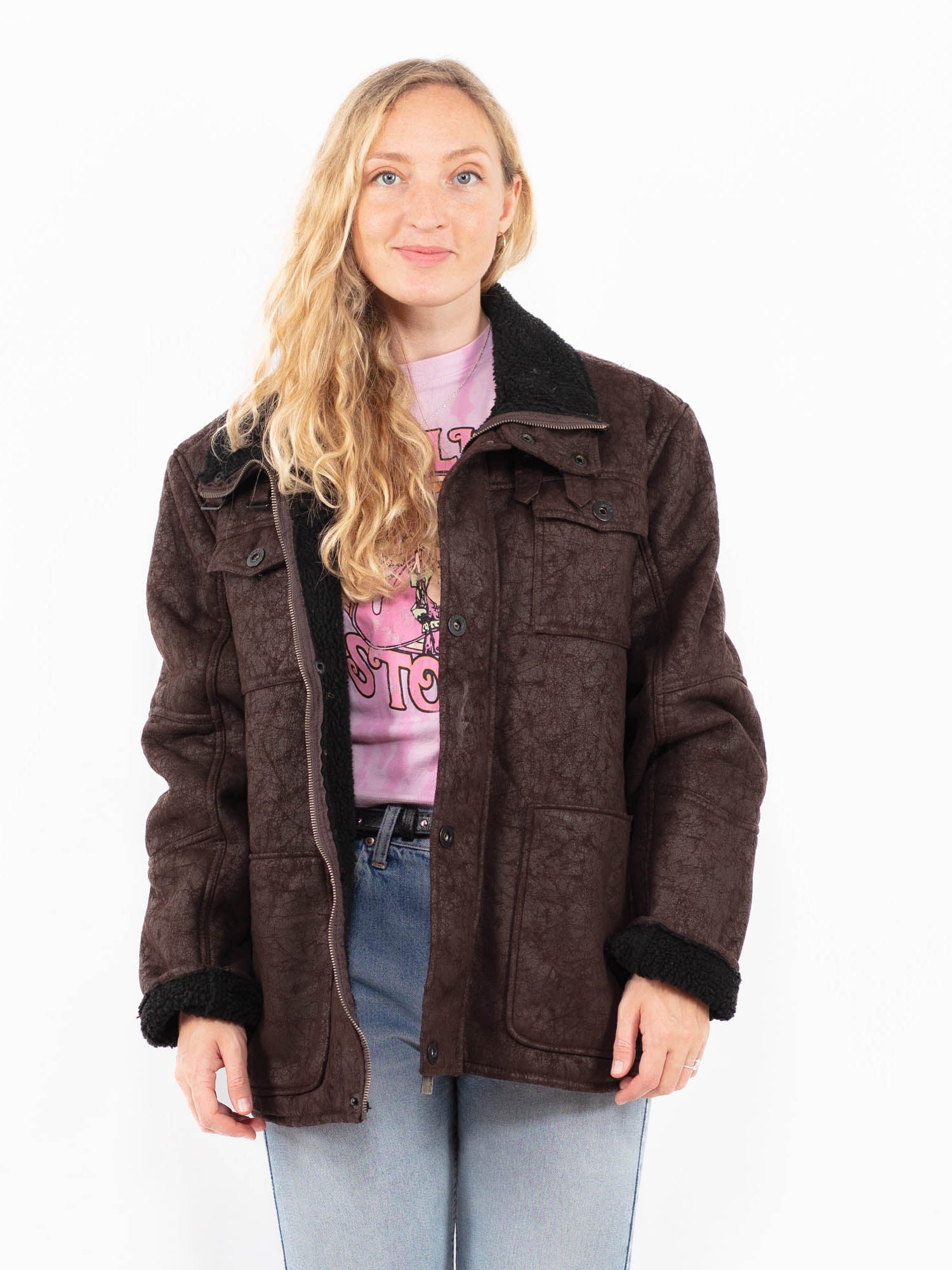 Vintage 00's Women Faux Sheepskin Jacket in Brown by Northern Grip