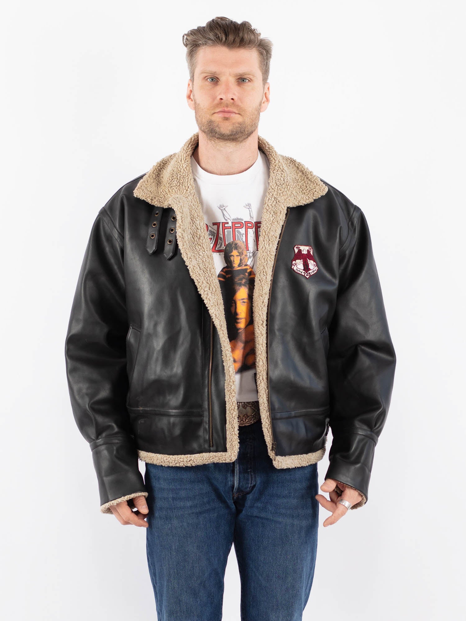 Vintage 90's Men Faux Sheepskin Jacket in Black by Northern Grip