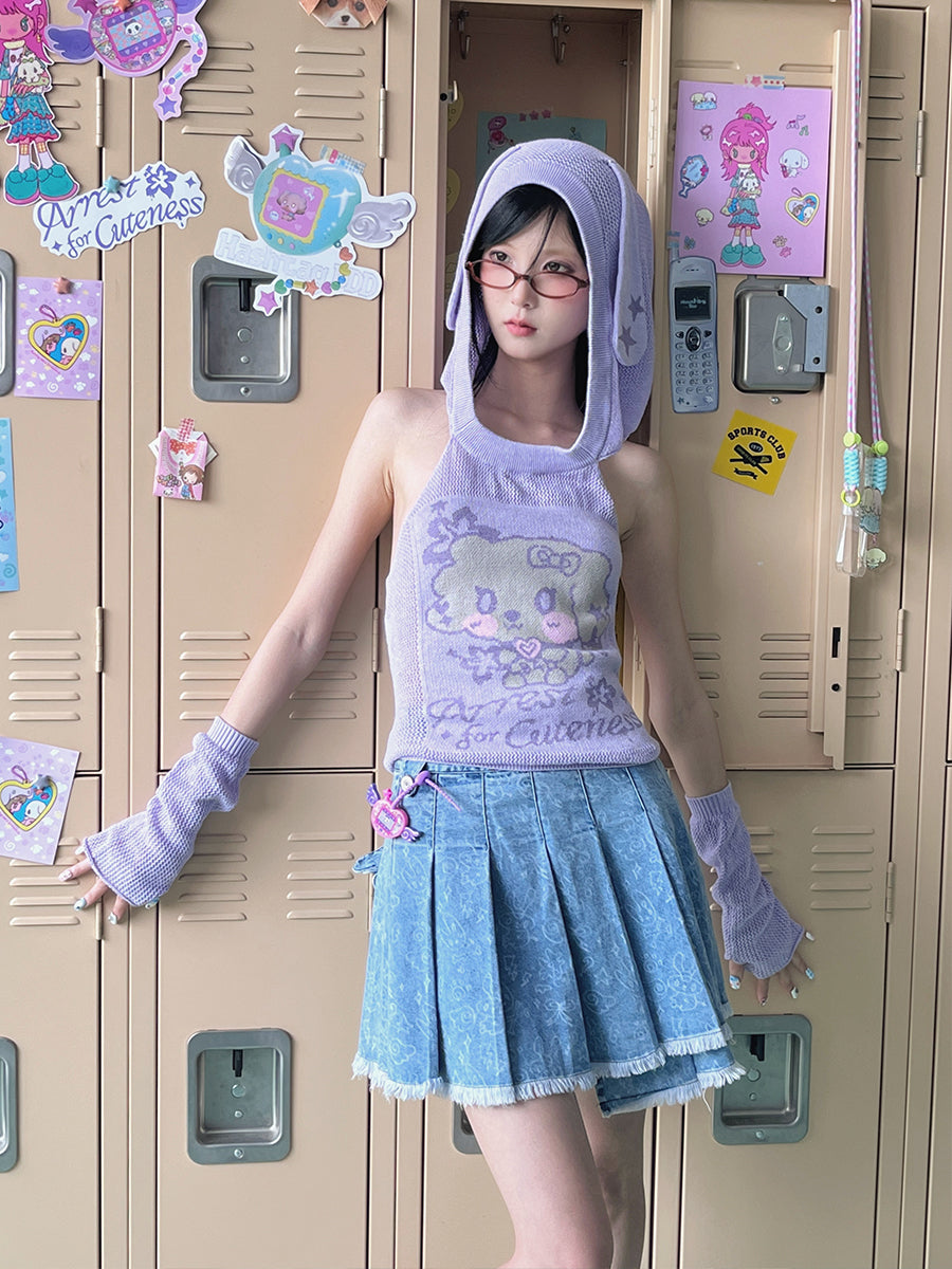 Hashtag DDD - Y2K Angel Denim Pleated Mini Skirt by Land Decora