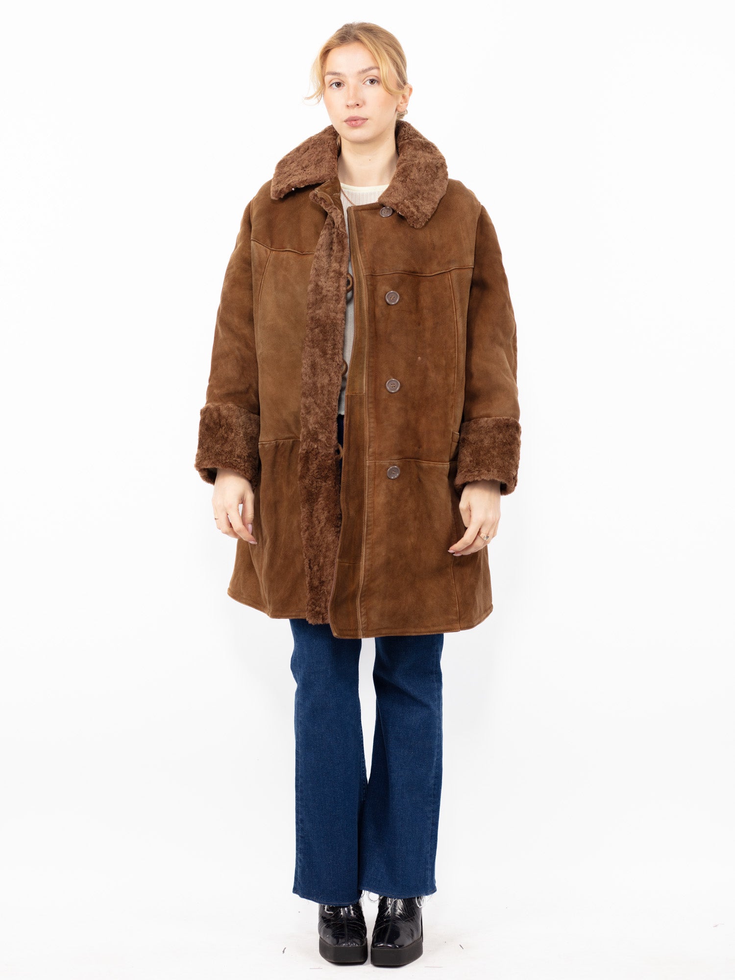 Vintage 70's Women Sheepskin Coat in Brown by Northern Grip