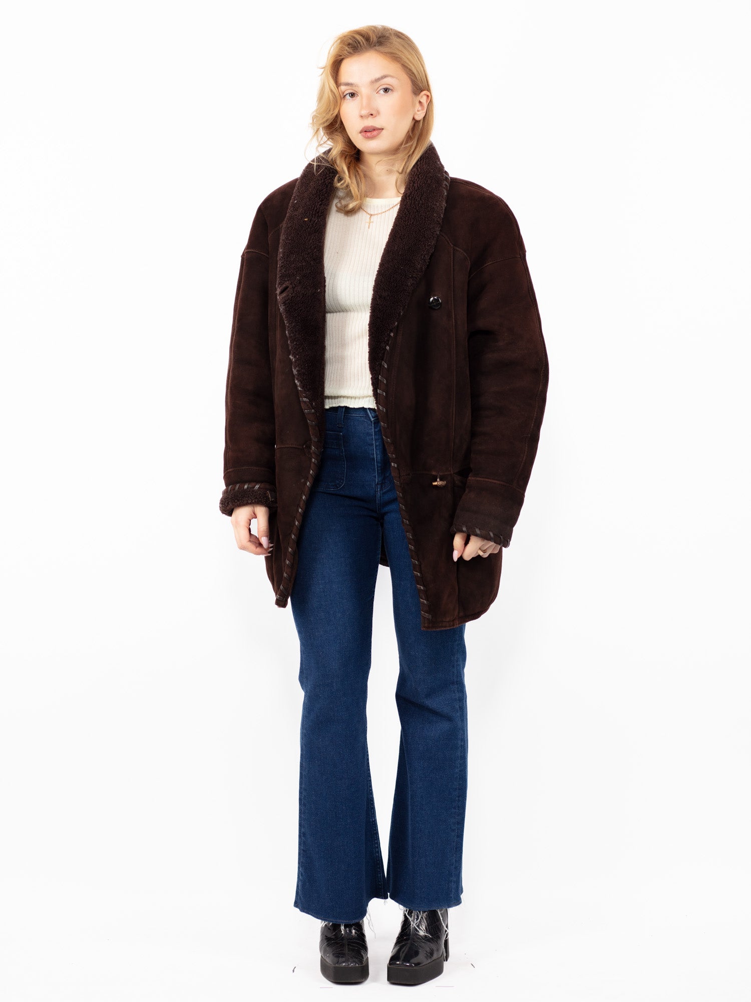 Vintage 90's Women Oversized Sheepskin Coat in Brown by Northern Grip