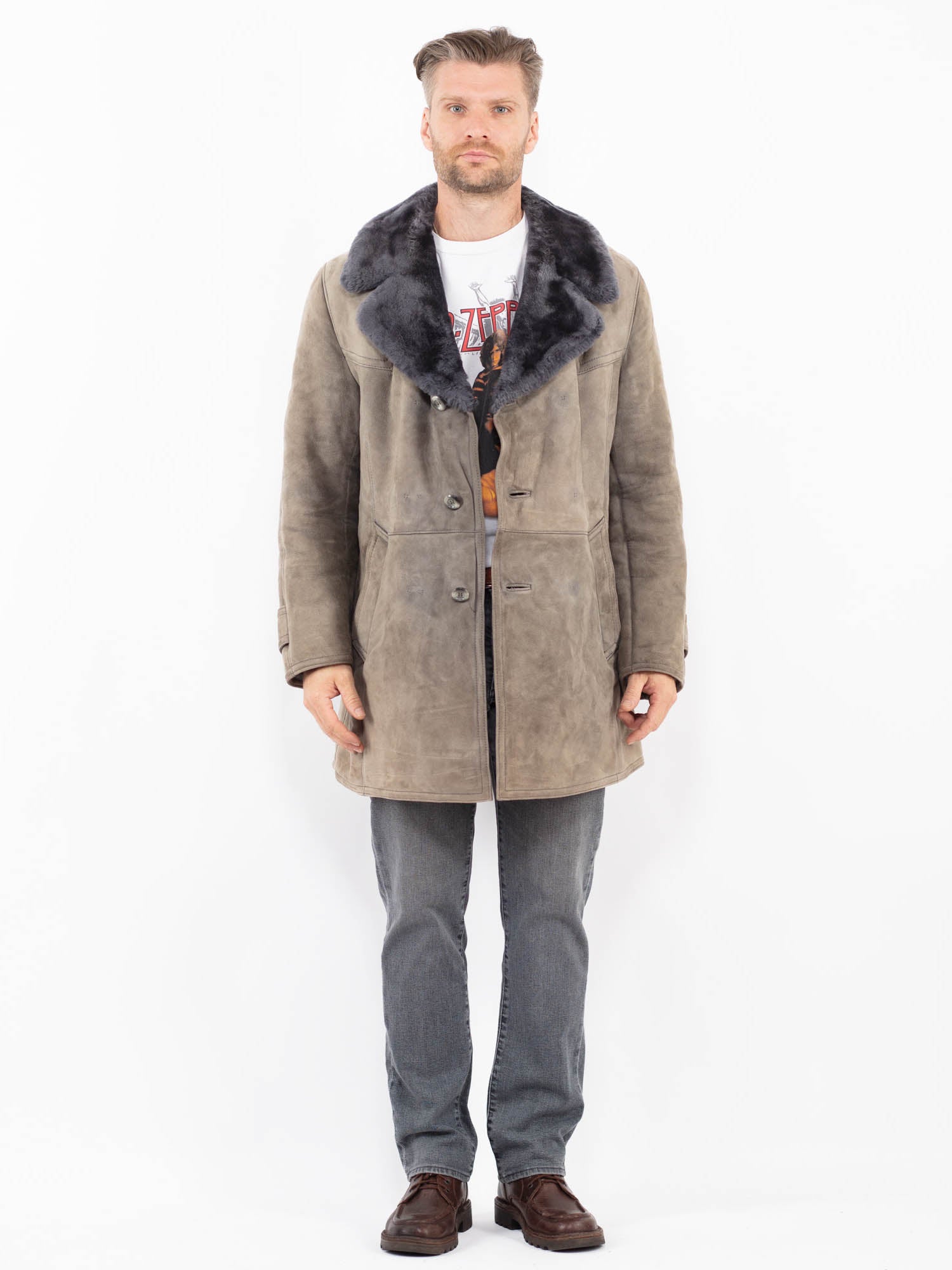 Vintage 70's Men Sheepskin Coat in Gray by Northern Grip