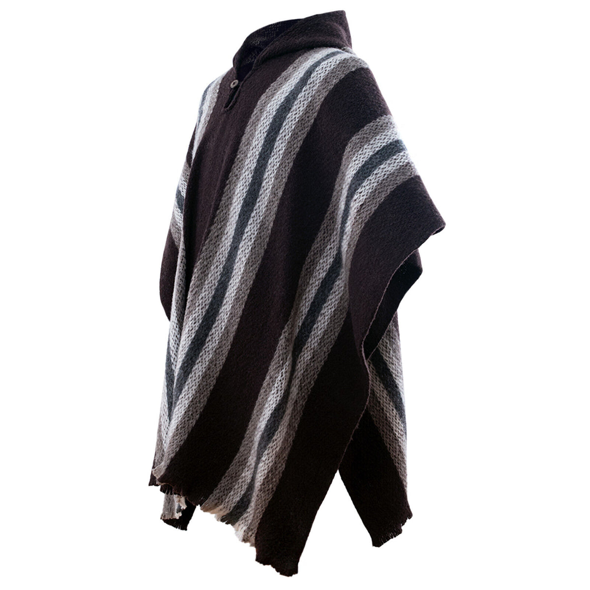 Llama Wool Unisex South American Handwoven Hooded Poncho - brown striped by ECUALAMA