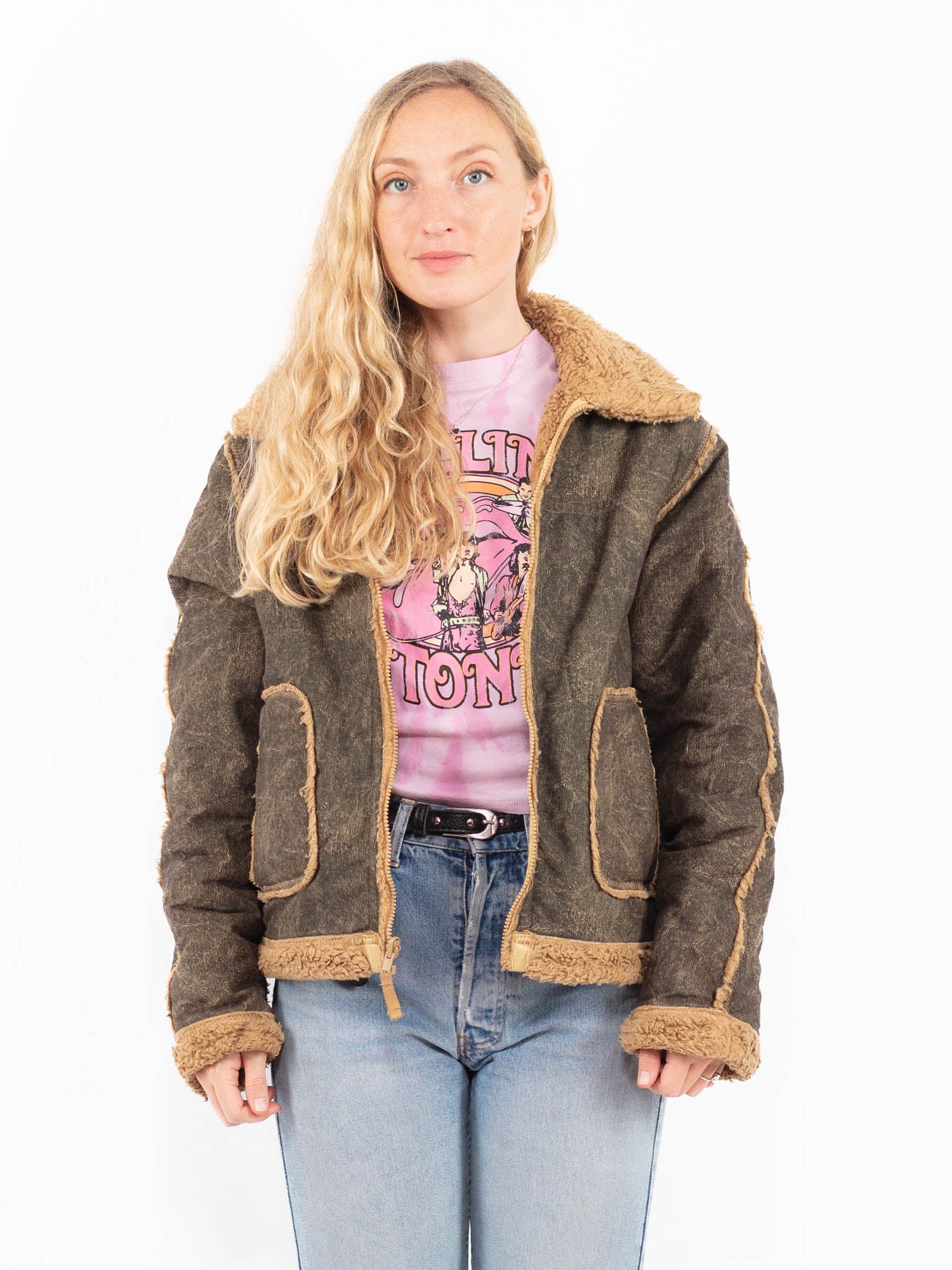 Vintage 90's Women Faux Sheepskin Jacket in Brown by Northern Grip