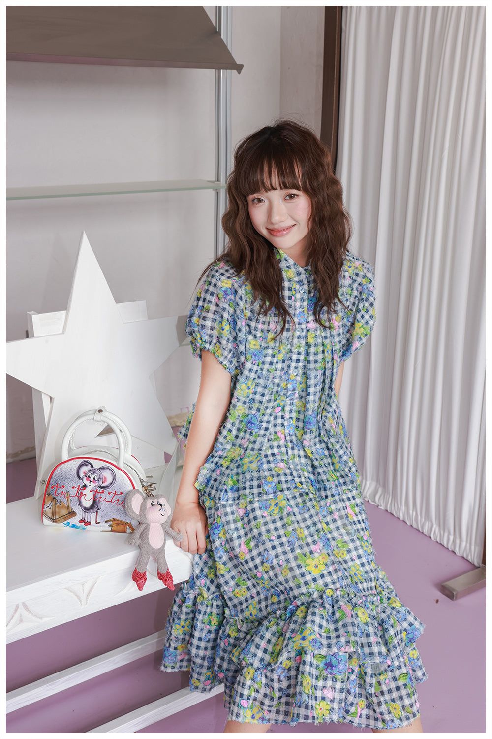 Harajuku Blue White Plaid Floral Shirt & Mermaid Ruffle Skirt Set – Decora Y2K Style by Land Decora