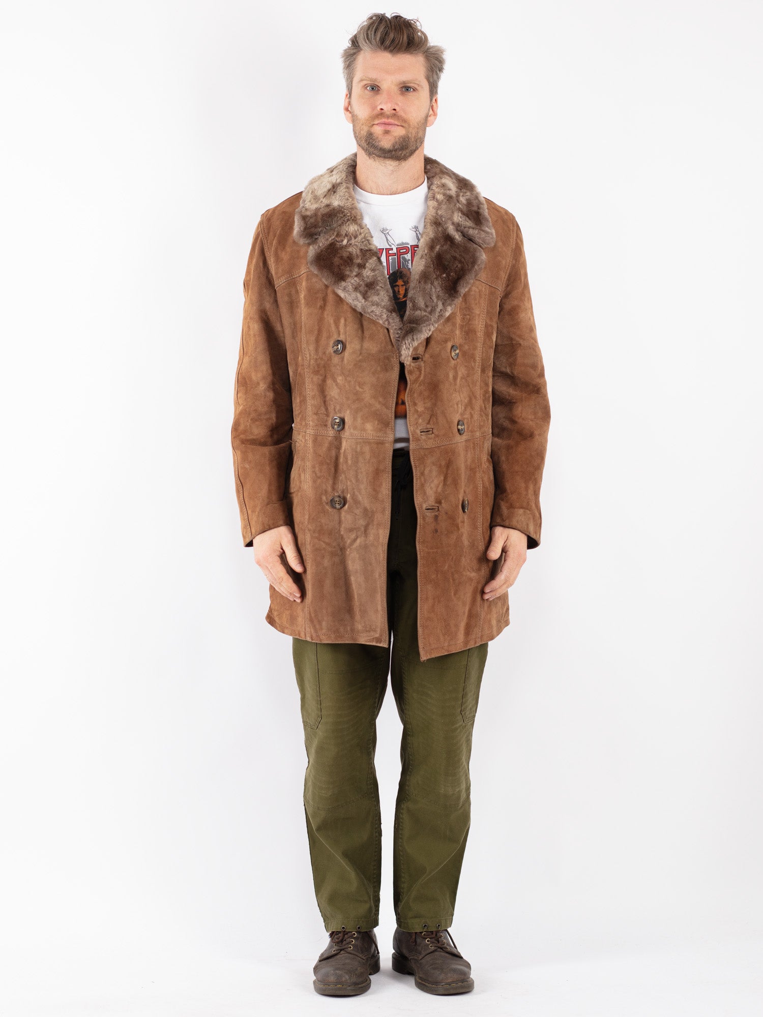 Vintage 70's Men Suede Sherpa Coat in Brown by Northern Grip