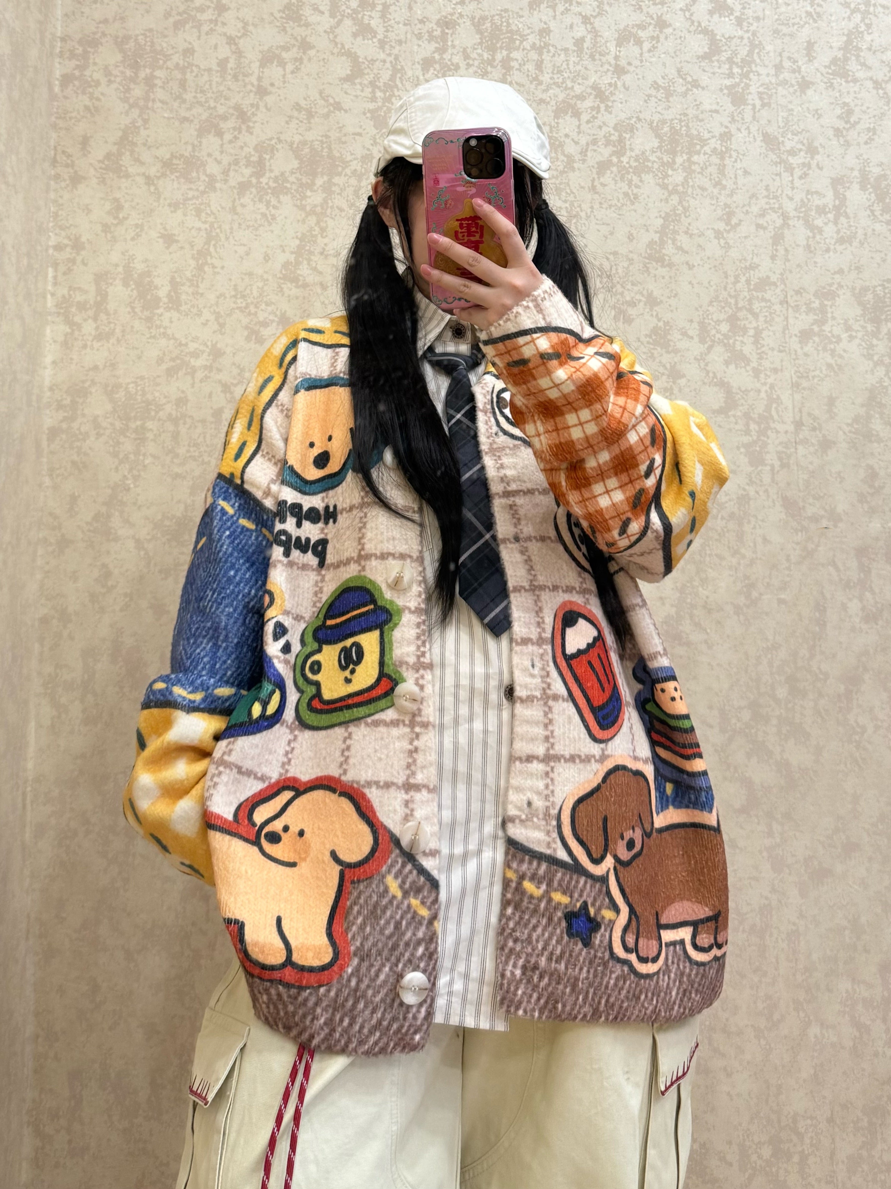 Kidcore Cartoon Check Knit Cardigan Cozy Unisex Vintage Style - BIBULU by Land Decora