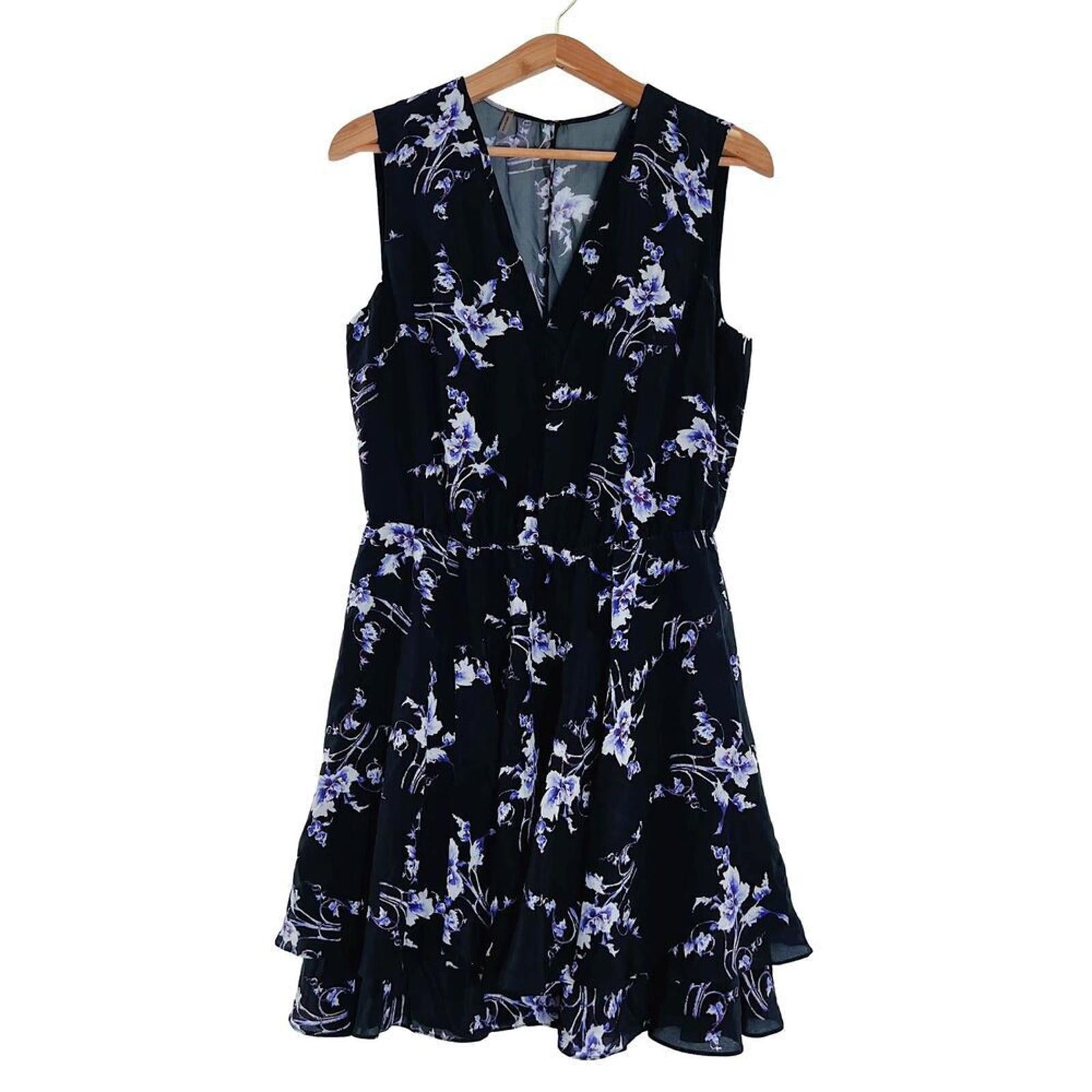 Rebecca Taylor Silk Black and Purple Floral A Line Dress V Neck Spring by Hot Girl Secondhand