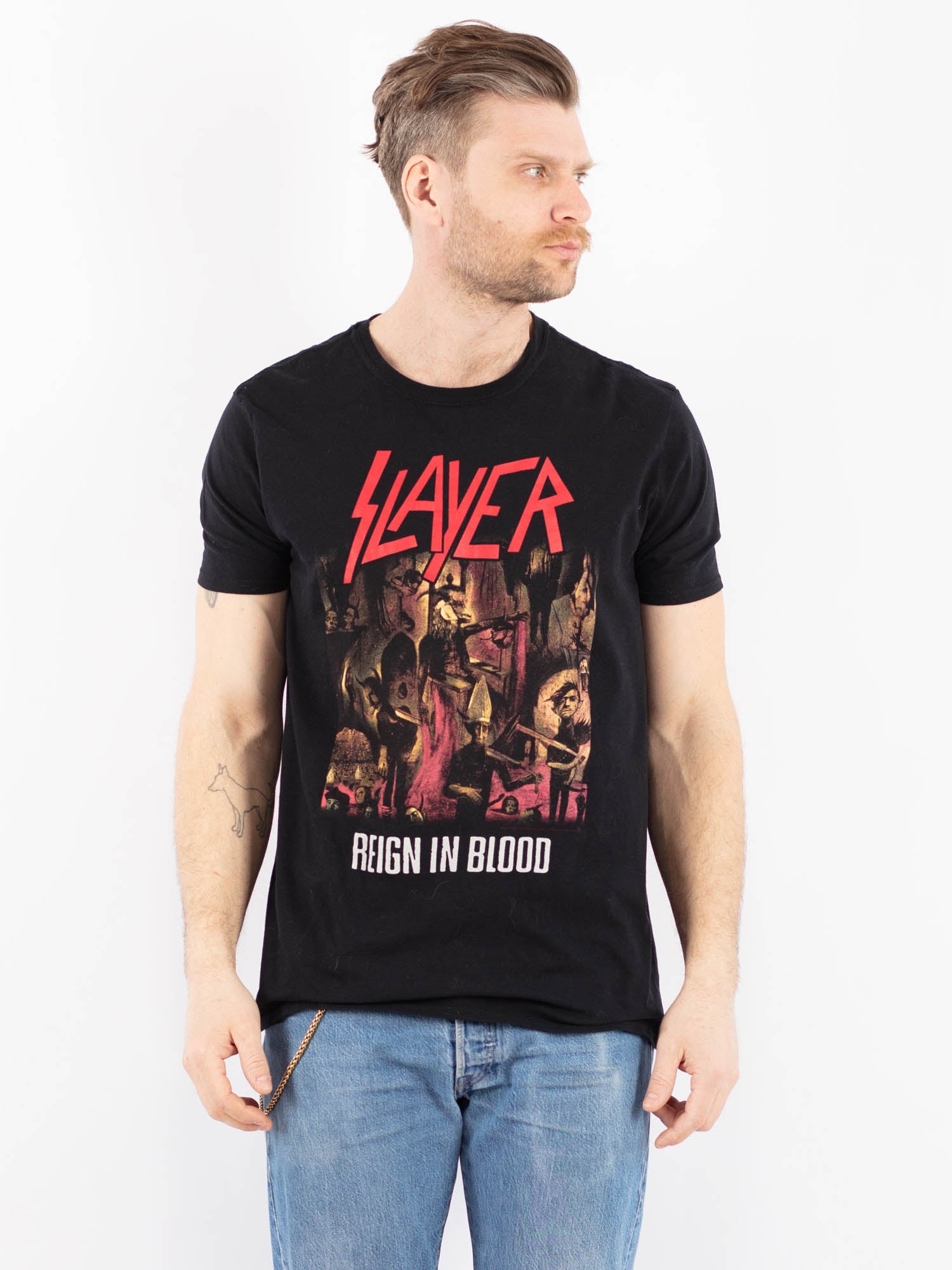 Vintage 00's Men Slayer Print T-Shirt in Black by Northern Grip