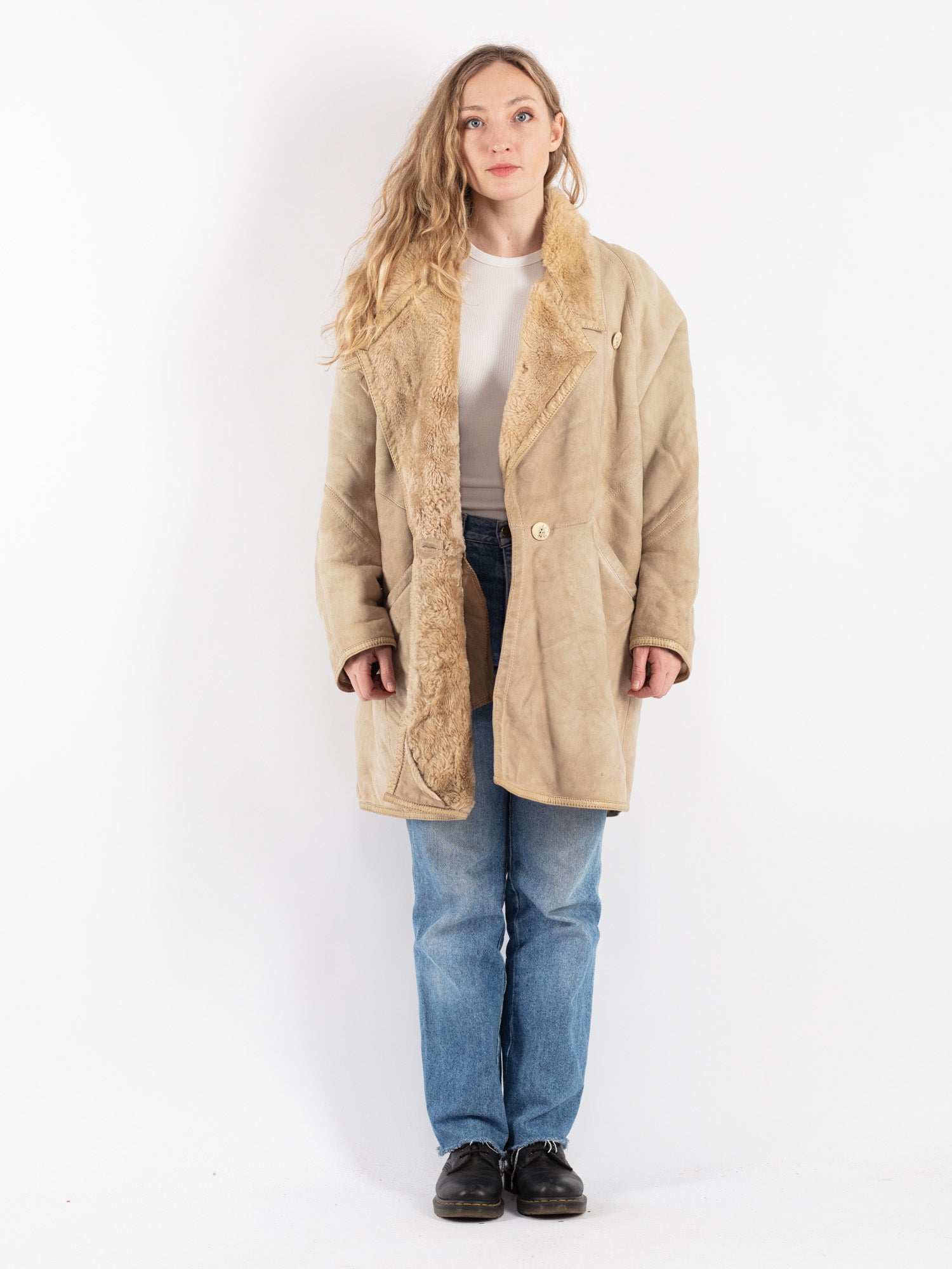 Vintage 80's Women Sheepskin Shearling Coat in Beige by Northern Grip