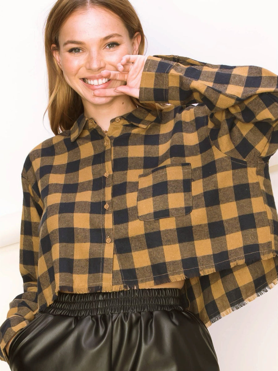 SEE YA PLAID BUTTON-UP CROPPED LONG SLEEVE by RAËLIV
