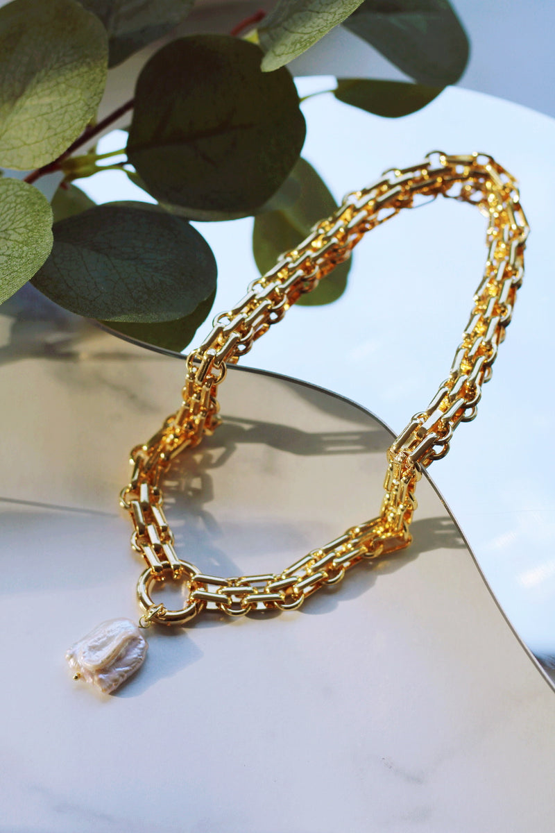 NORA DOUBLE CHAIN PEARL NECKLACE (NATURAL PEARL + WATERPROOF) by RAËLIV