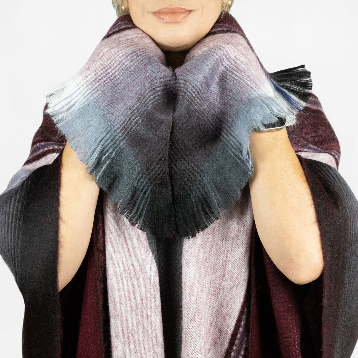 Zhinay – Lightweight Alpaca Blend High-Collar Poncho – Burgundy & Gray by ECUALAMA