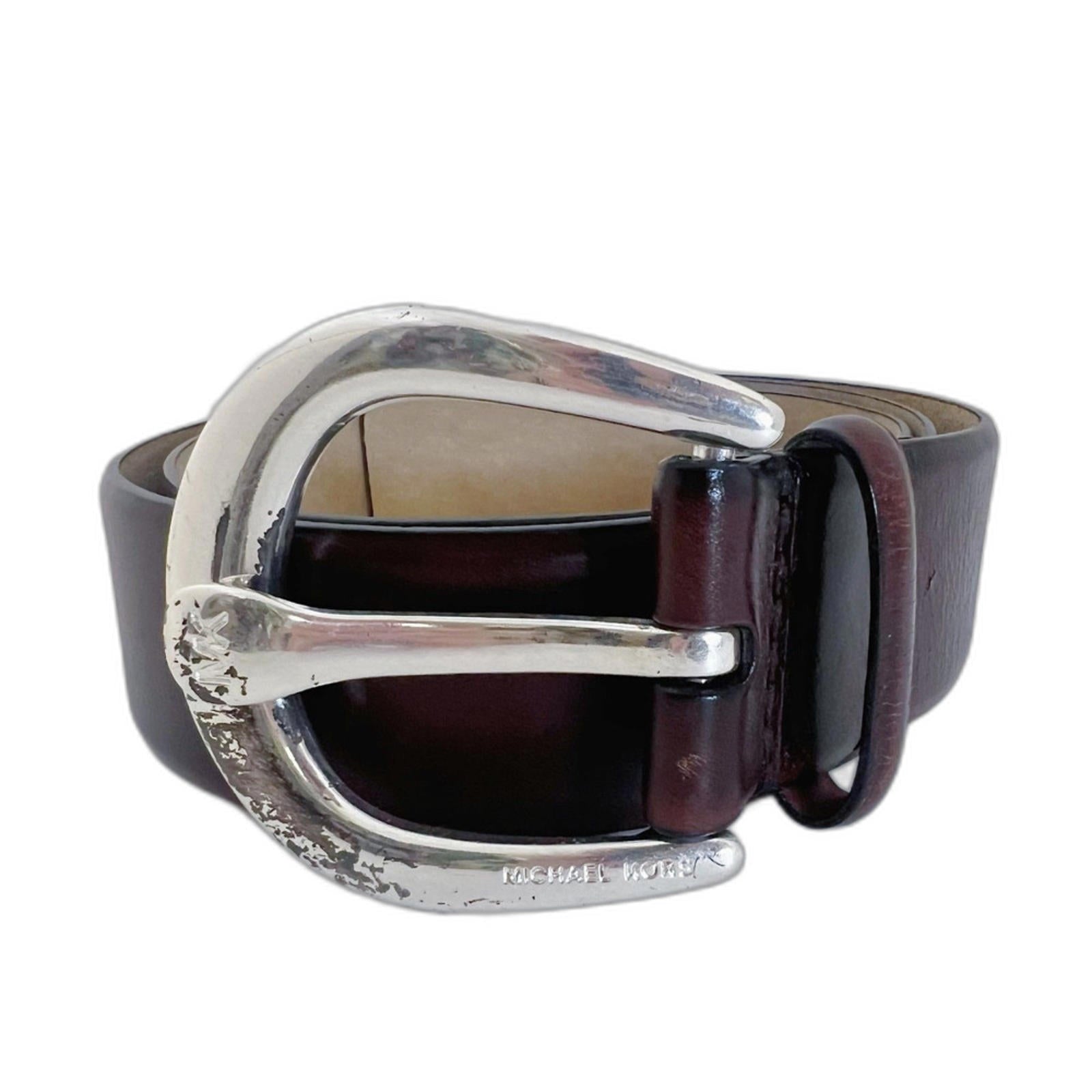 Michael Kors Brown Leather Belt Silver Buckle y2k Boho Chic Size M by Hot Girl Secondhand