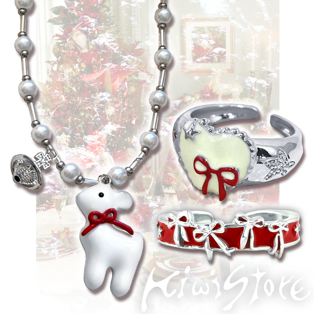 Y2K Deer Necklace Ring Set - Red Bow Creamy Alloy - Kiwi Store by Land Decora