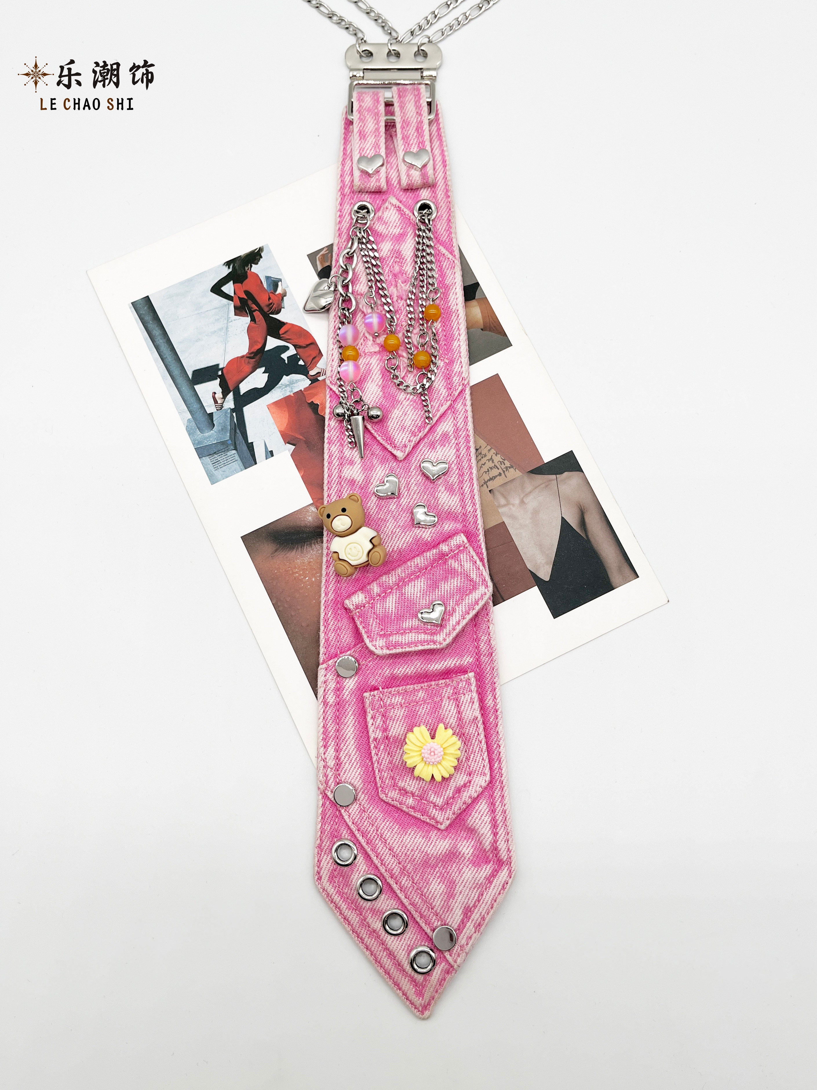 Y2K Pink Denim Tie Accessory - Le Chao by Land Decora