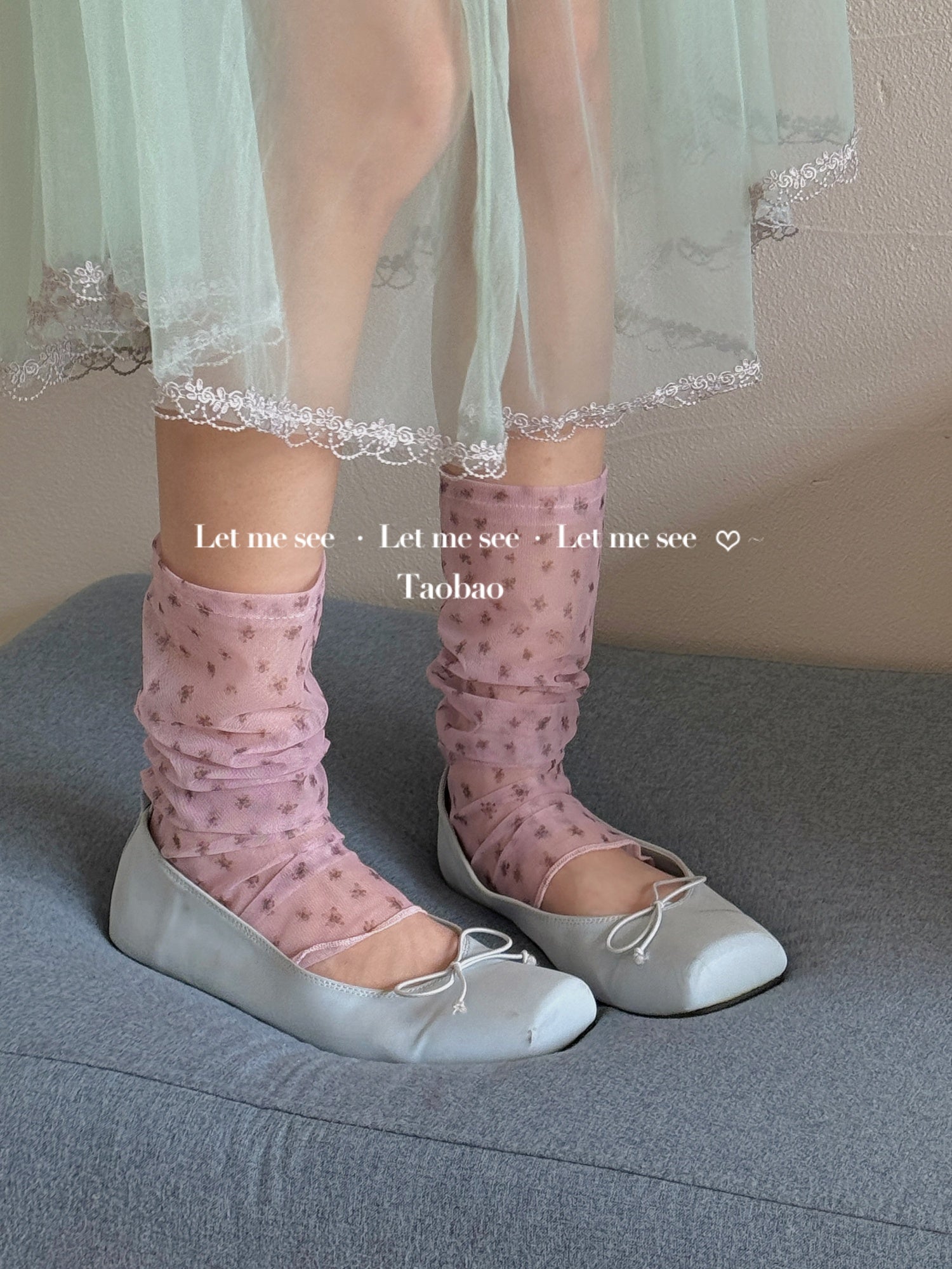 Kawaii Sheer Floral Footless Mid Socks - Lightweight Layered - LET ME SEE by Land Decora