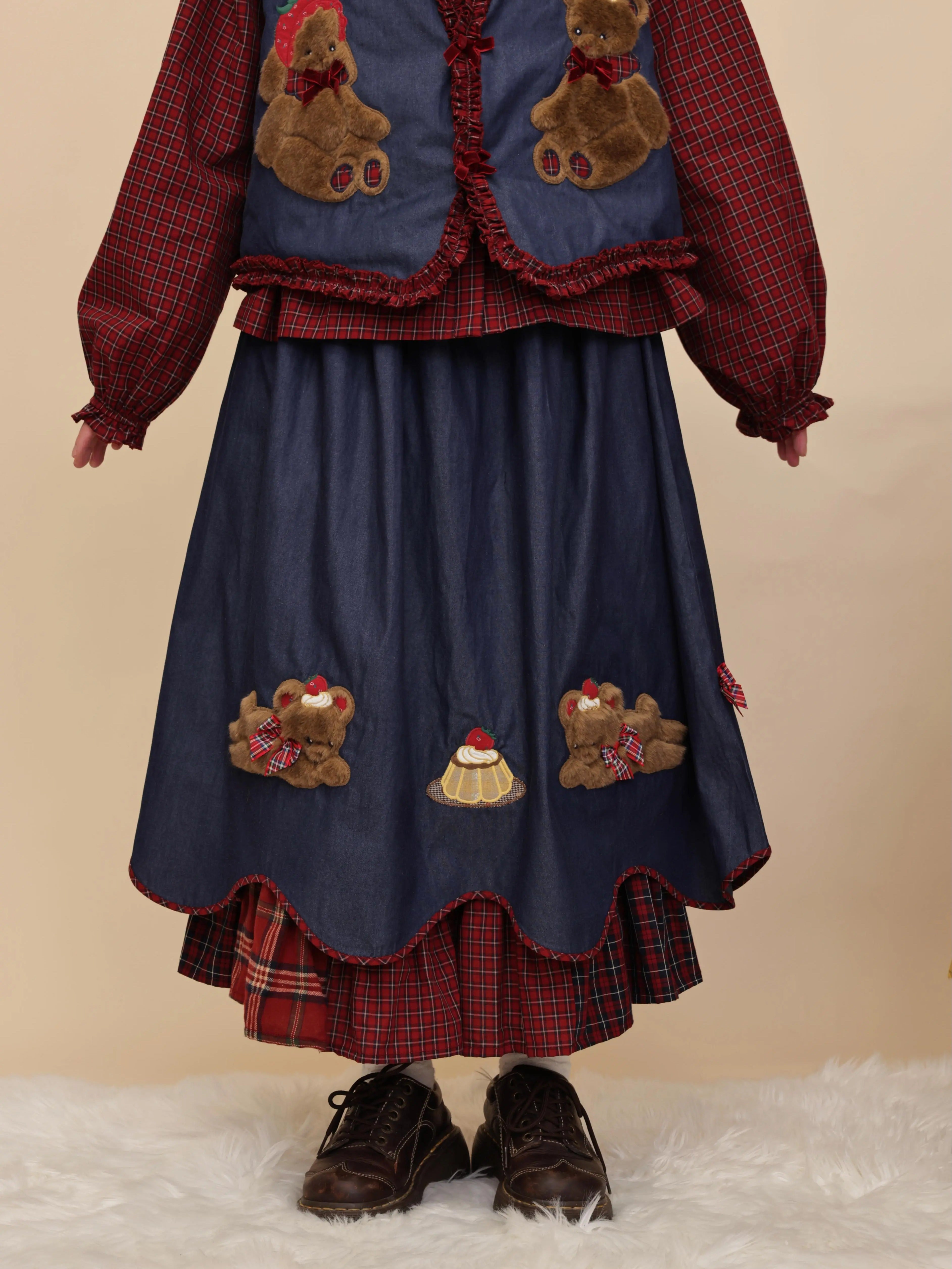 Kawaii Denim Skirt Plaid Petal Pudding Bear Embroidery - SemenCoicis by Land Decora