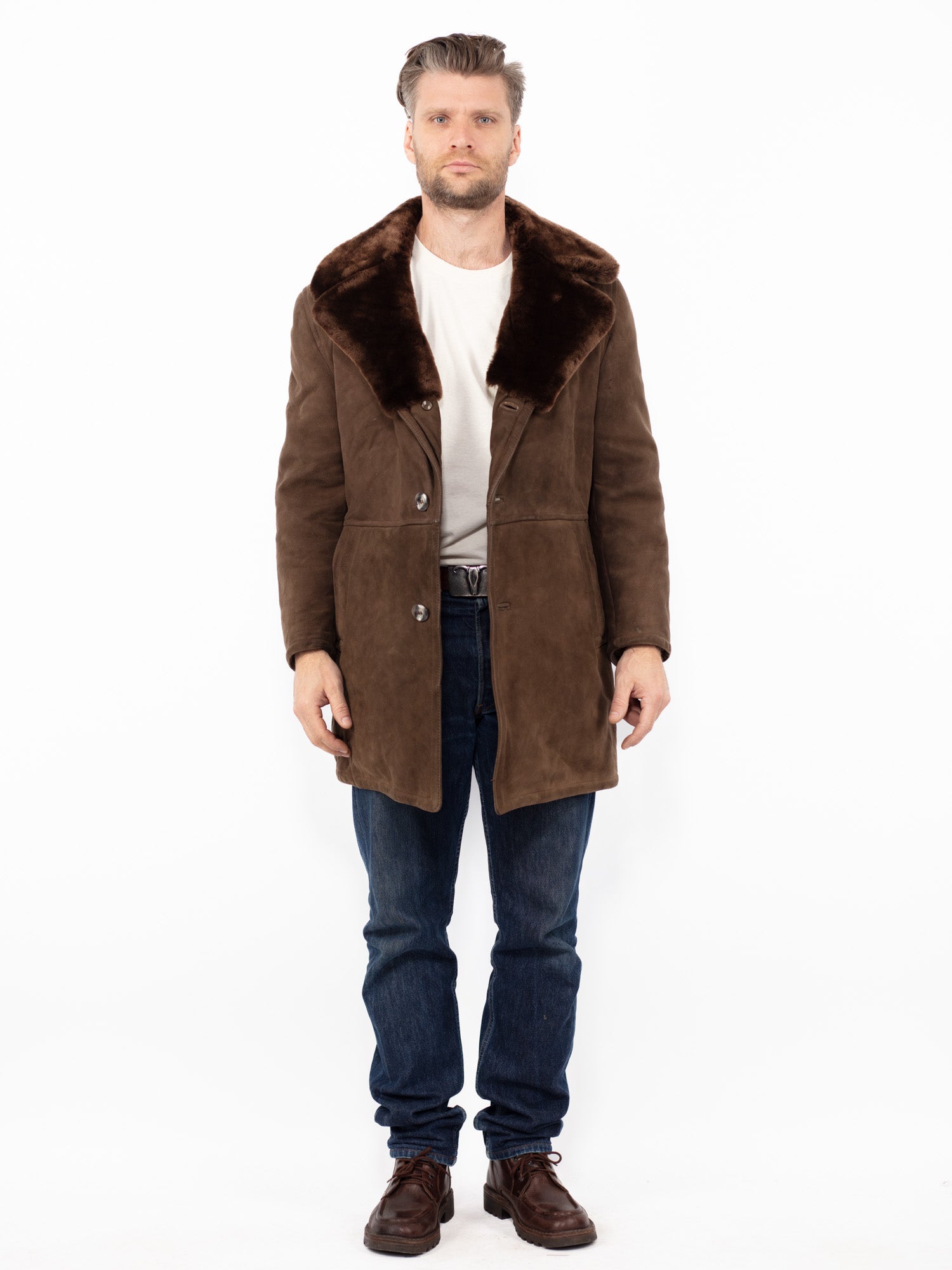 Vintage 70's Men Sheepskin Coat in Brown by Northern Grip