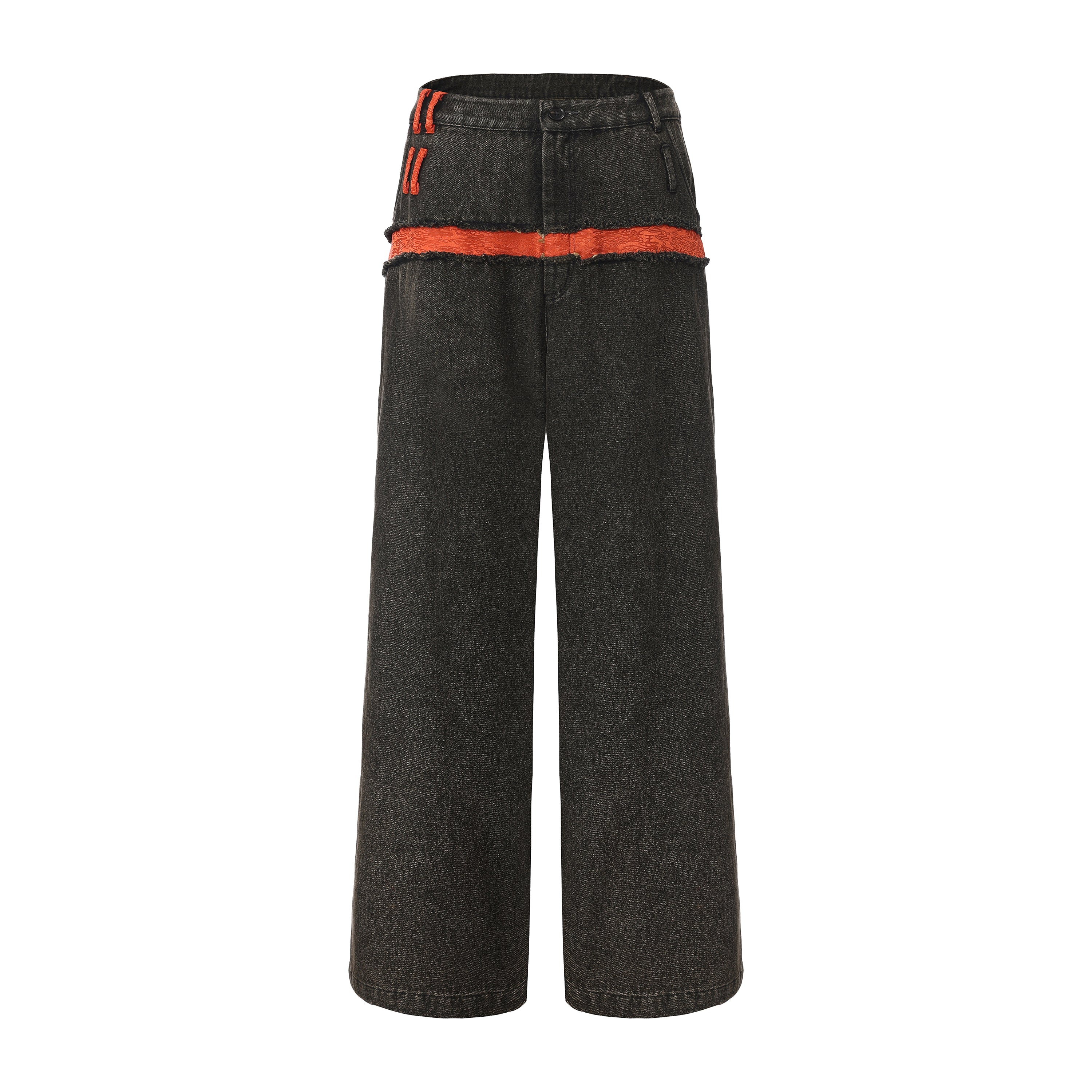 Za WideLeg Denim/Brocade Patch Pants Phoenix Red by DAWANG