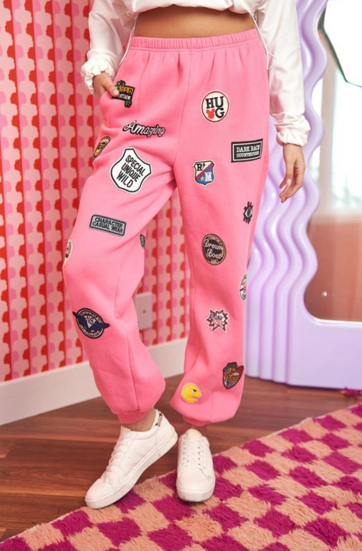 High-Waisted Multi Patches Sweatpants - Pink by Sierra Deene