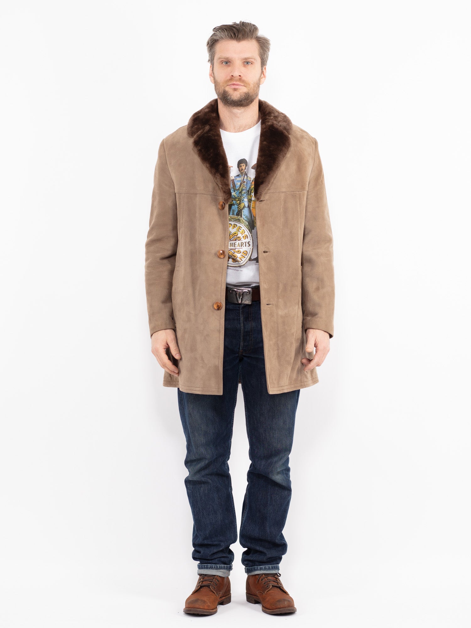 Vintage 70's Men Suede Sherpa Coat in Beige by Northern Grip