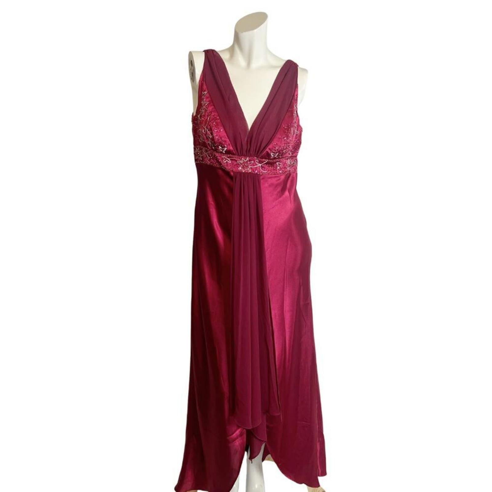 y2k Vintage Marina Bright Burgundy Satin Evening Gown Beaded Whimsygot by Hot Girl Secondhand