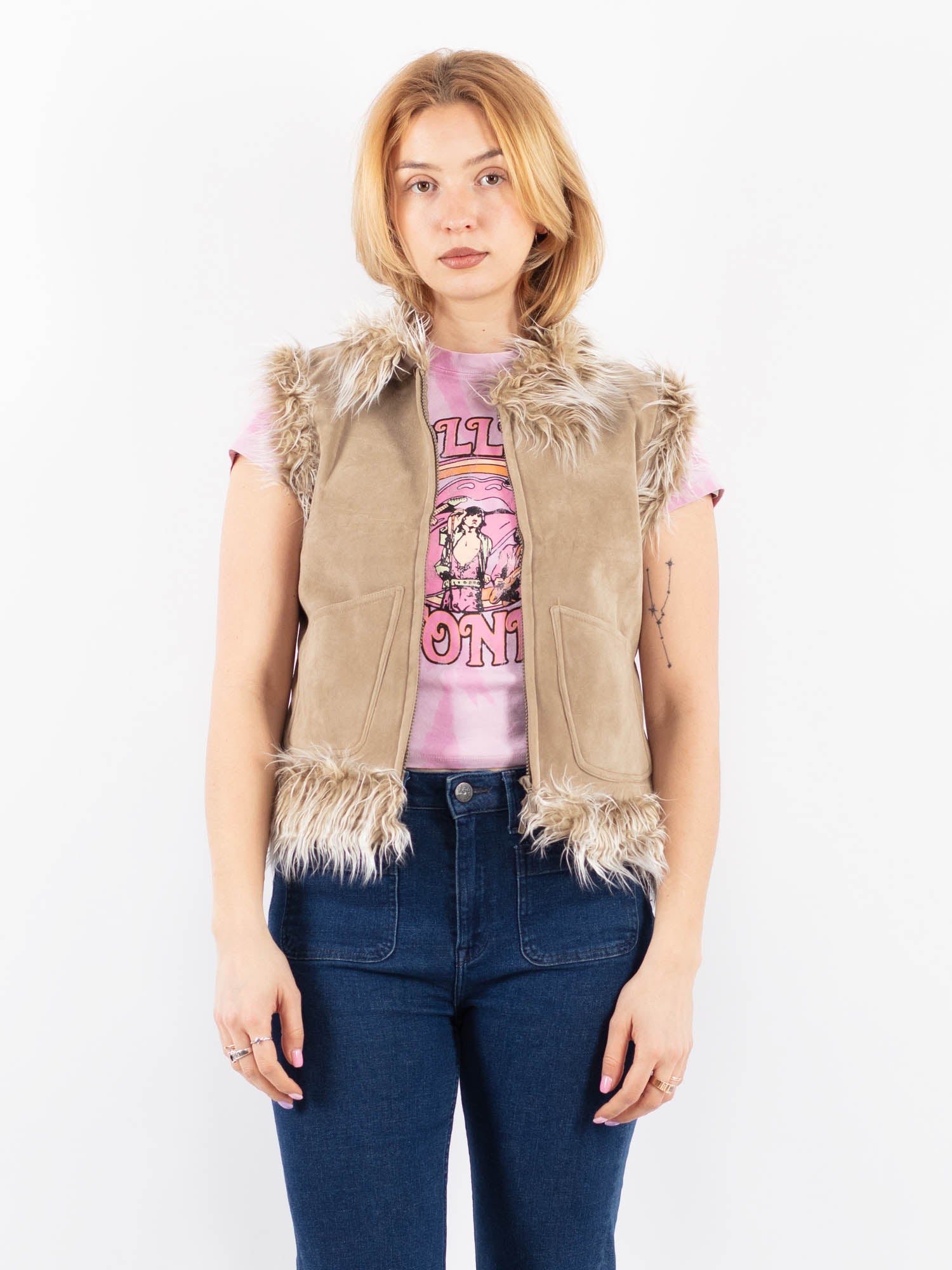 Vintage 00's Women Faux Sheepskin Vest in Beige by Northern Grip