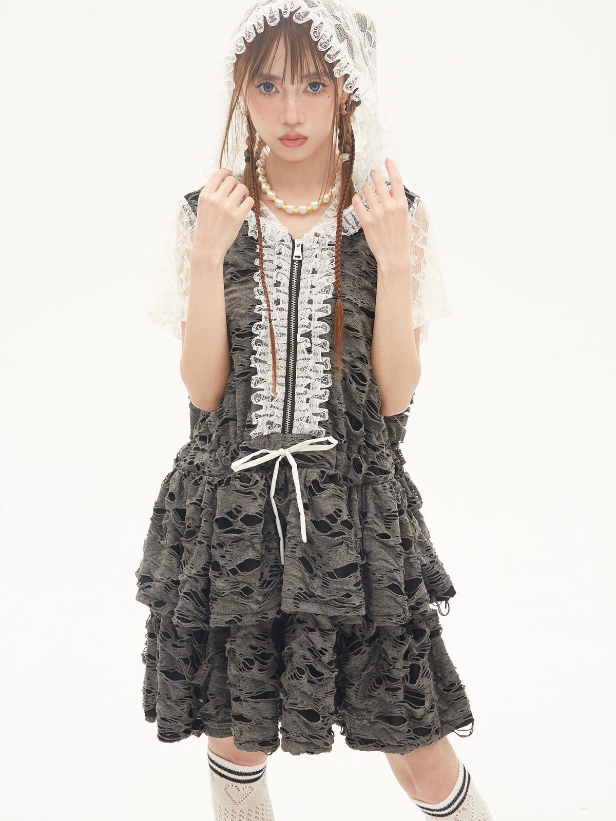 Y2K Punk Gray Cake Dress Layered - SOS MEME CLUB by Land Decora