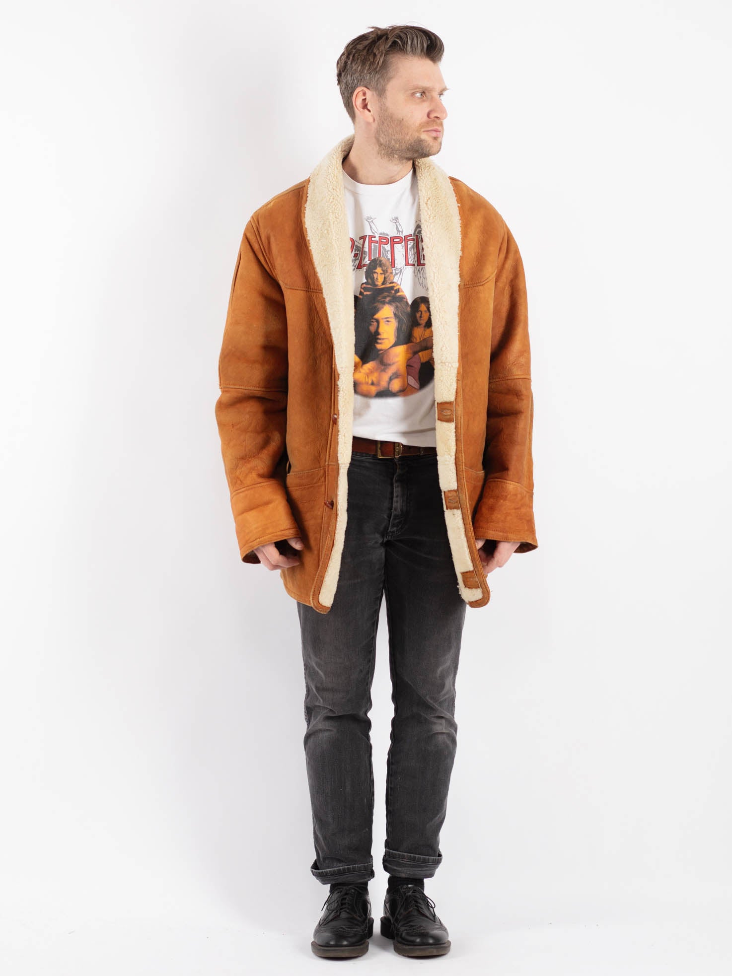 Vintage 80's Men Sheepskin Coat in Brown by Northern Grip