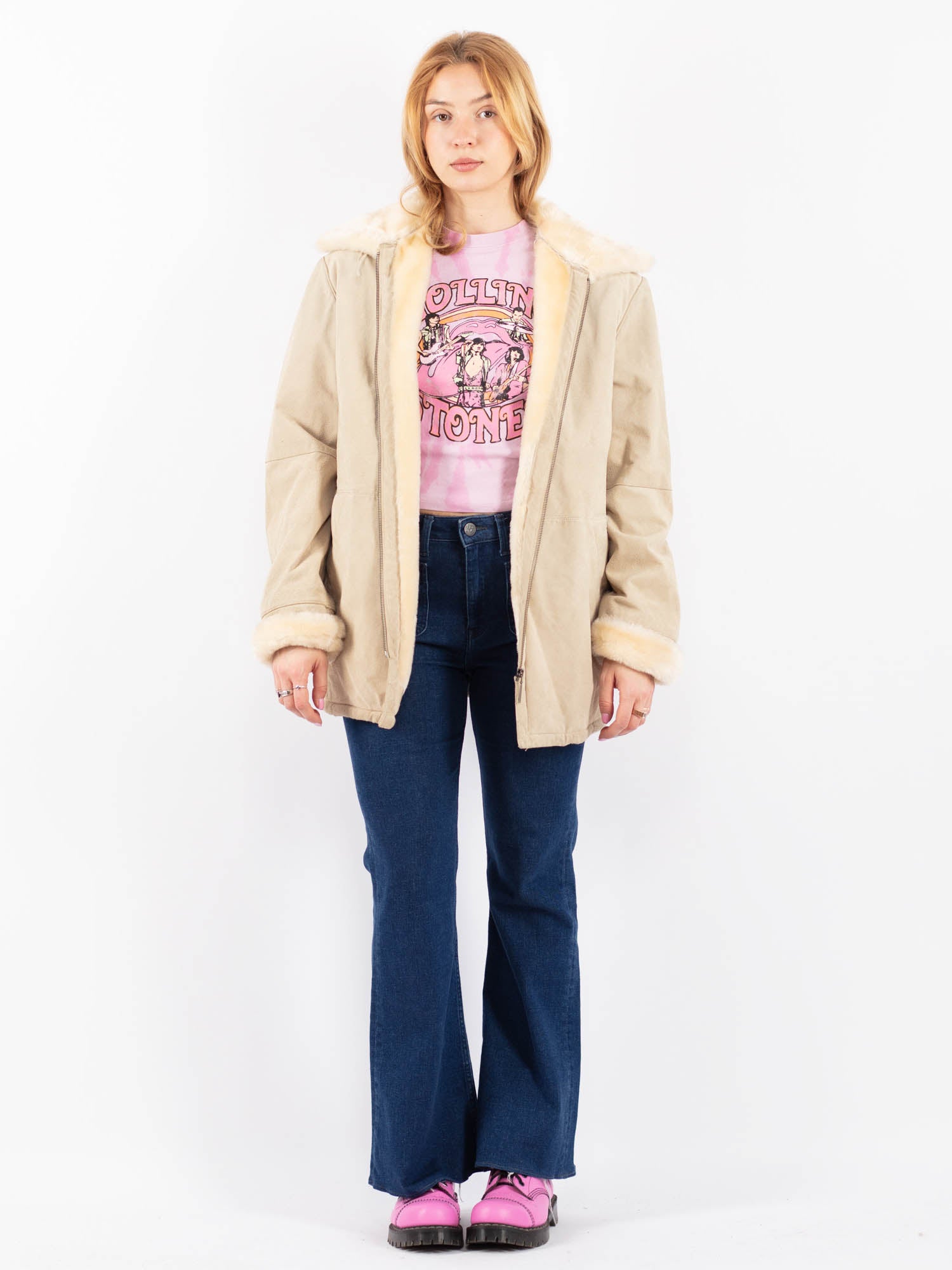 Vintage 90's Women Suede Sherpa Coat in Beige by Northern Grip
