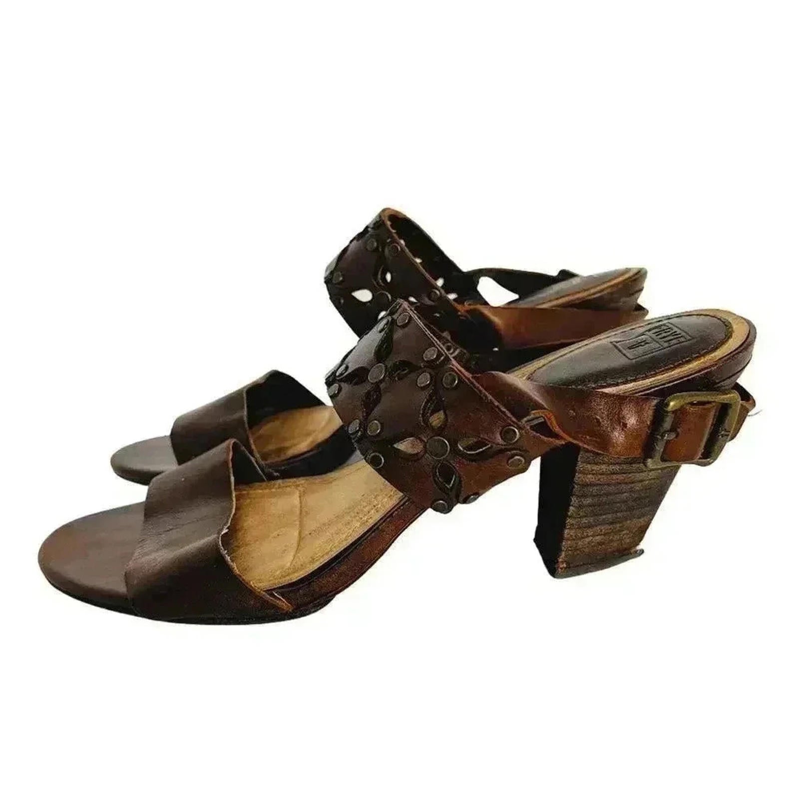 Frye Skye Sandals Brown Leather Chunky Heels Flower Cutouts Rivets Siz by Hot Girl Secondhand
