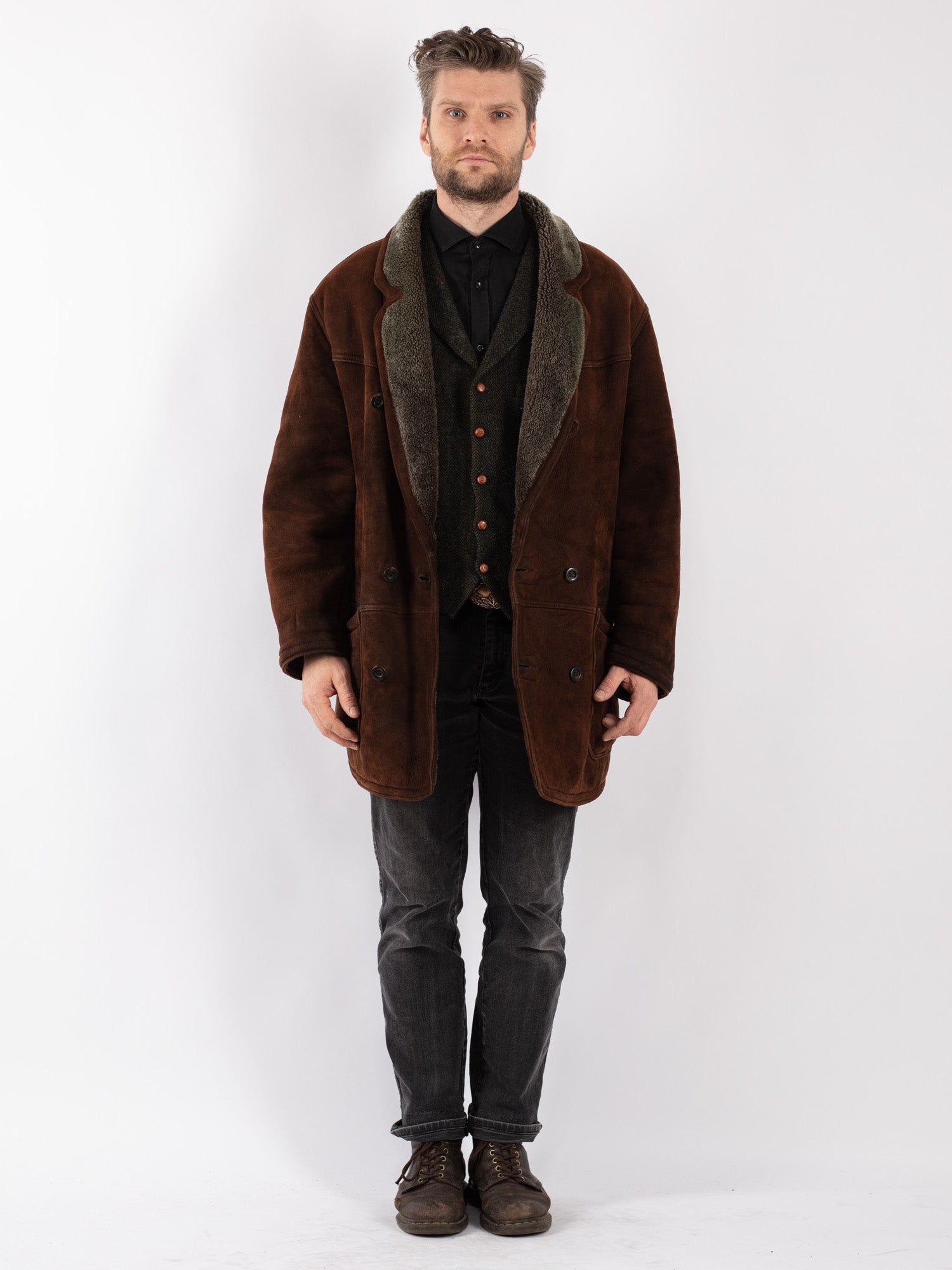 Vintage 80's Men Sheepskin Coat in Brown by Northern Grip