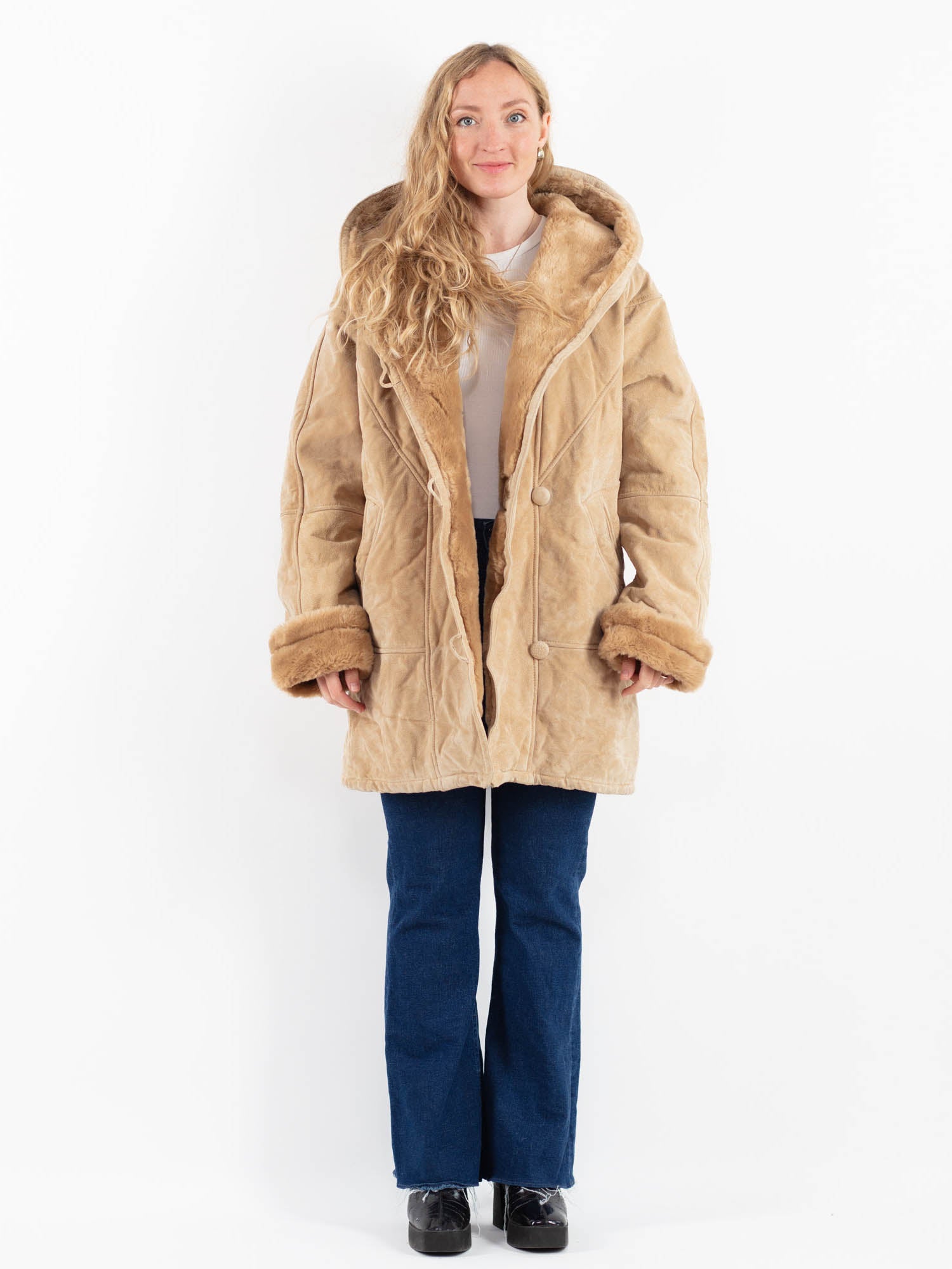 Vintage 90's Women Hooded Suede Sherpa Coat in Beige by Northern Grip
