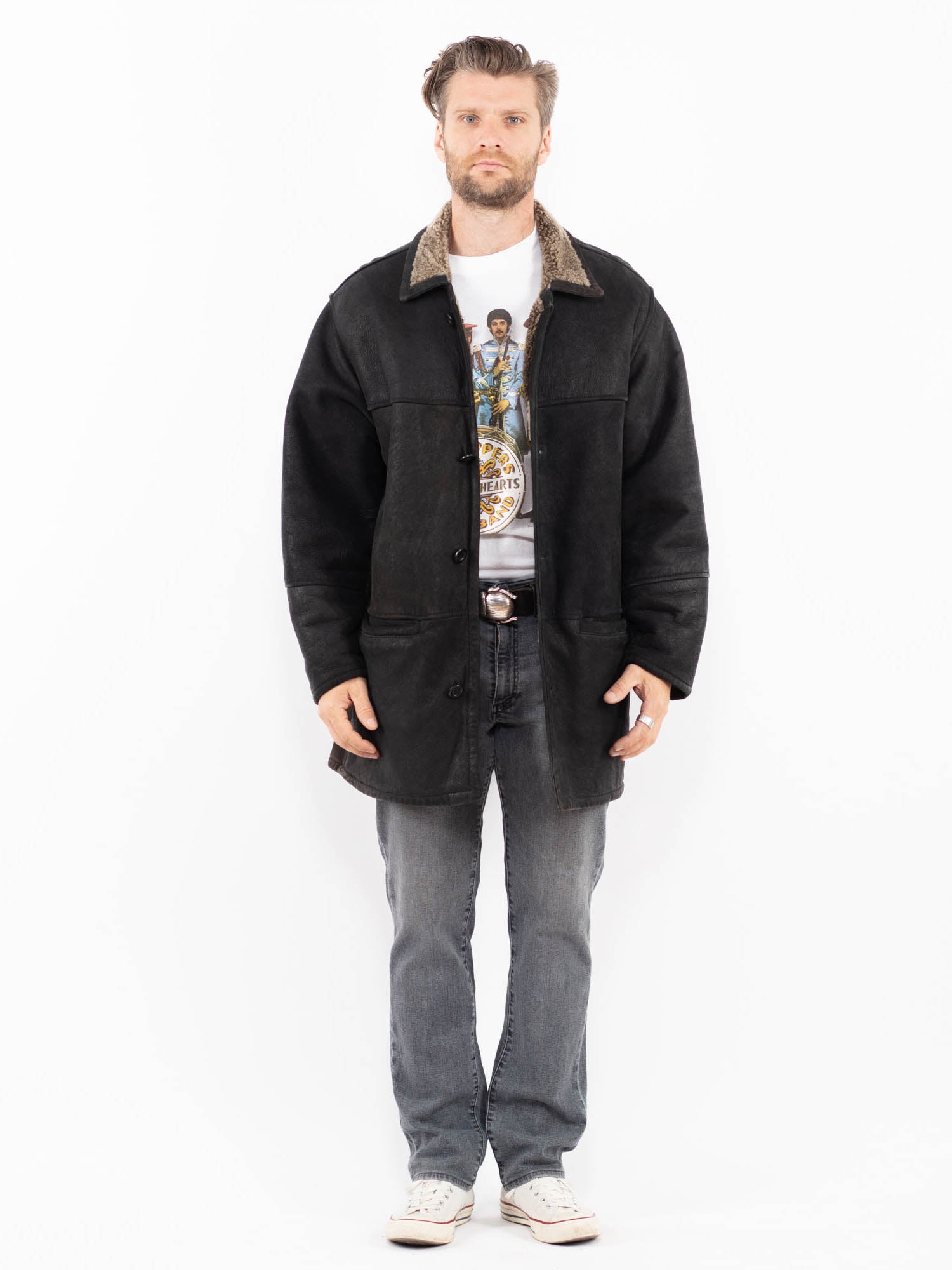 Vintage 90's Men Sheepskin Coat in Black by Northern Grip