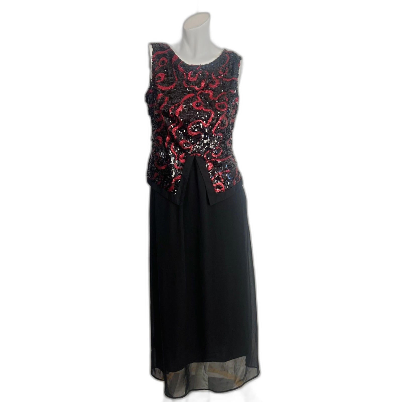 Vintage 80s 90s Blue Day's Black Chiffon Red Sequined Evening Gown Dre by Hot Girl Secondhand