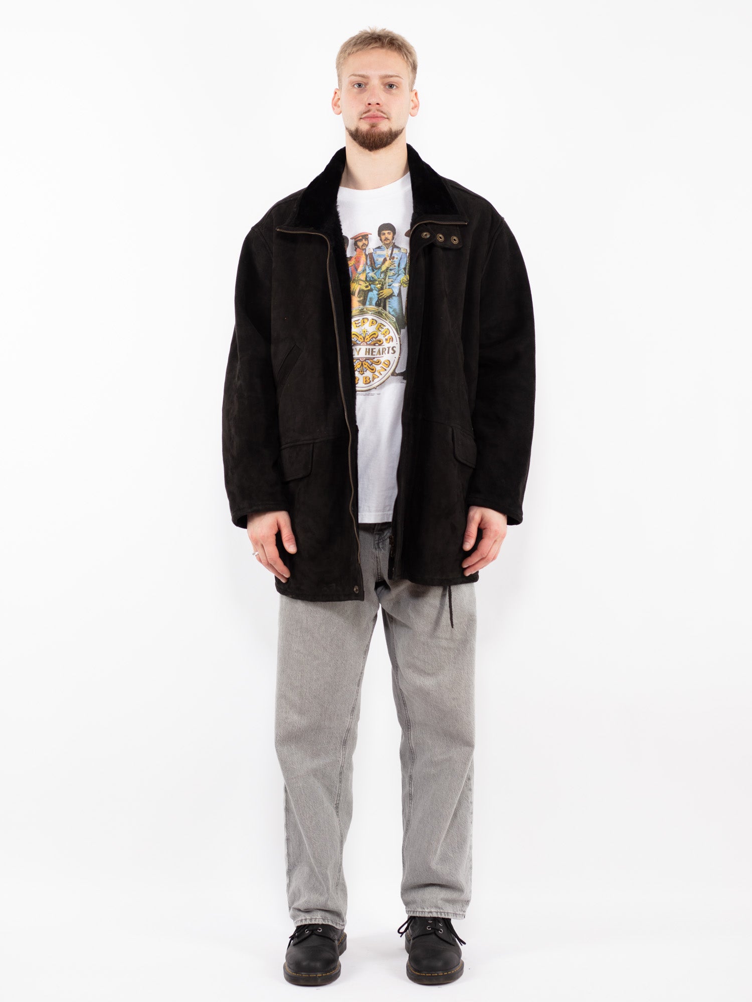 Vintage 90's Men Sheepskin Coat in Black by Northern Grip