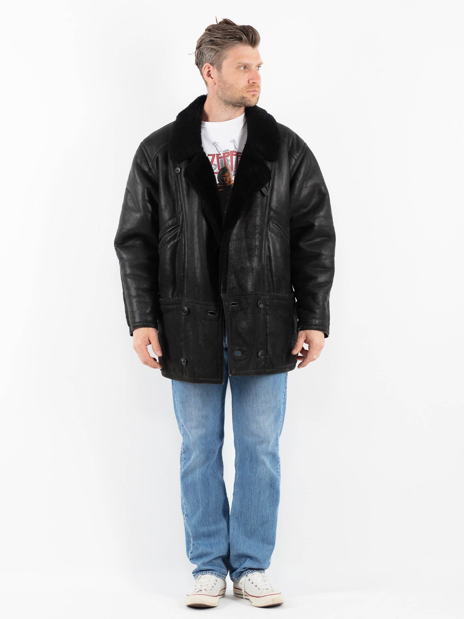 Vintage 90's Men Sheepskin Coat in Black by Northern Grip