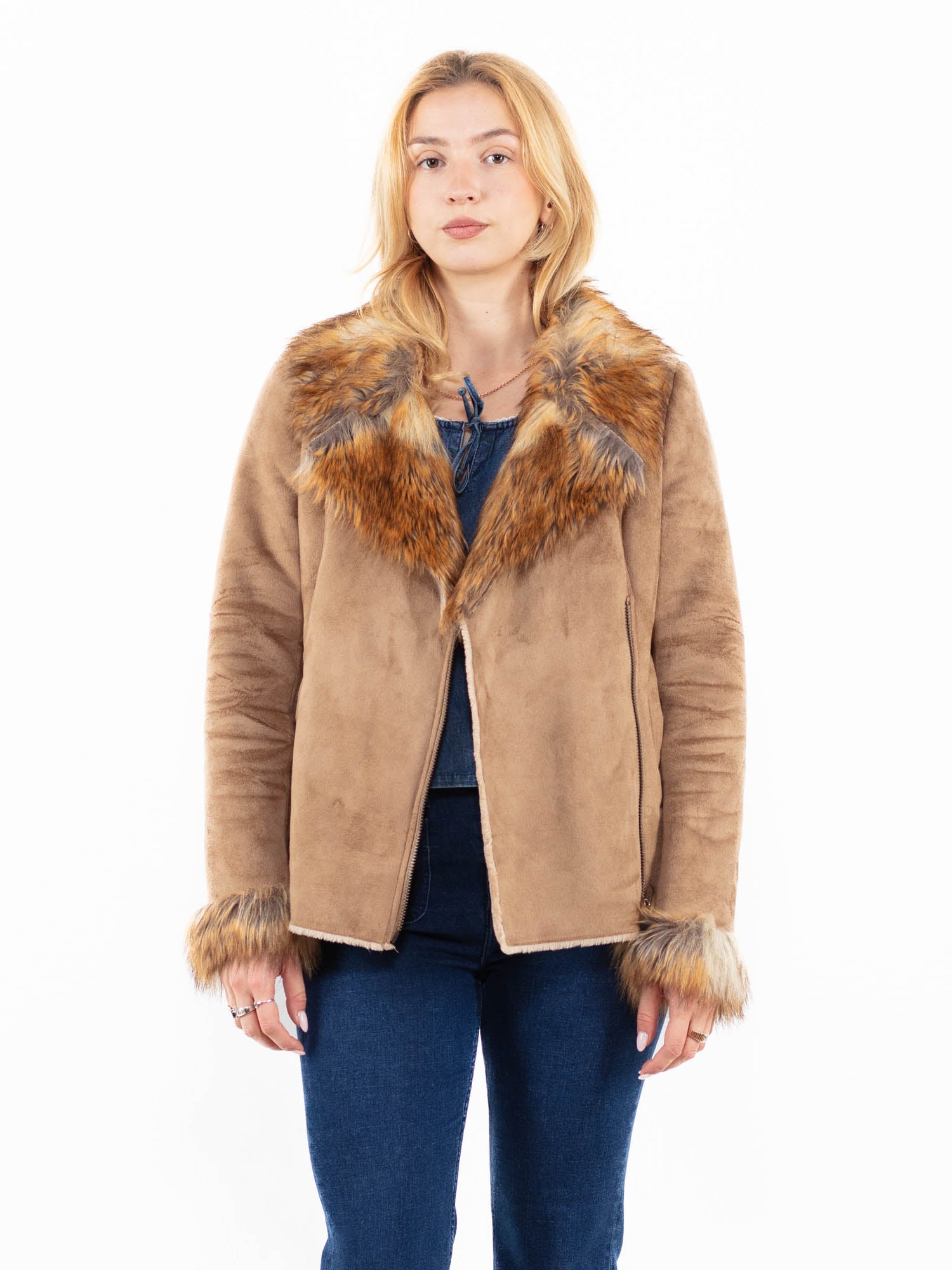 Vintage 00's Women Faux Sheepskin Jacket in Beige by Northern Grip