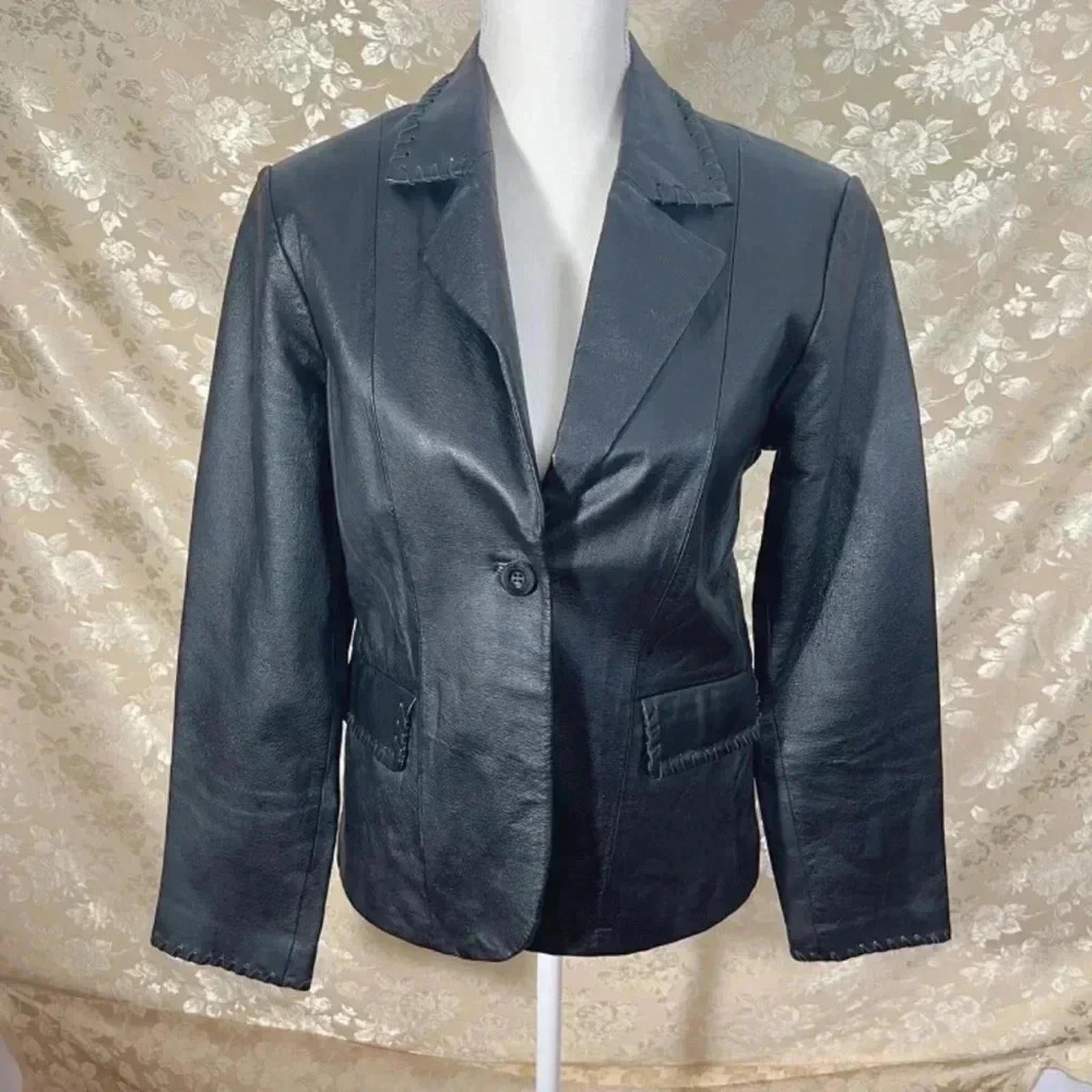 Vintage Newport News Black Leather Jacket Stitched Detailing Size 8 by Hot Girl Secondhand