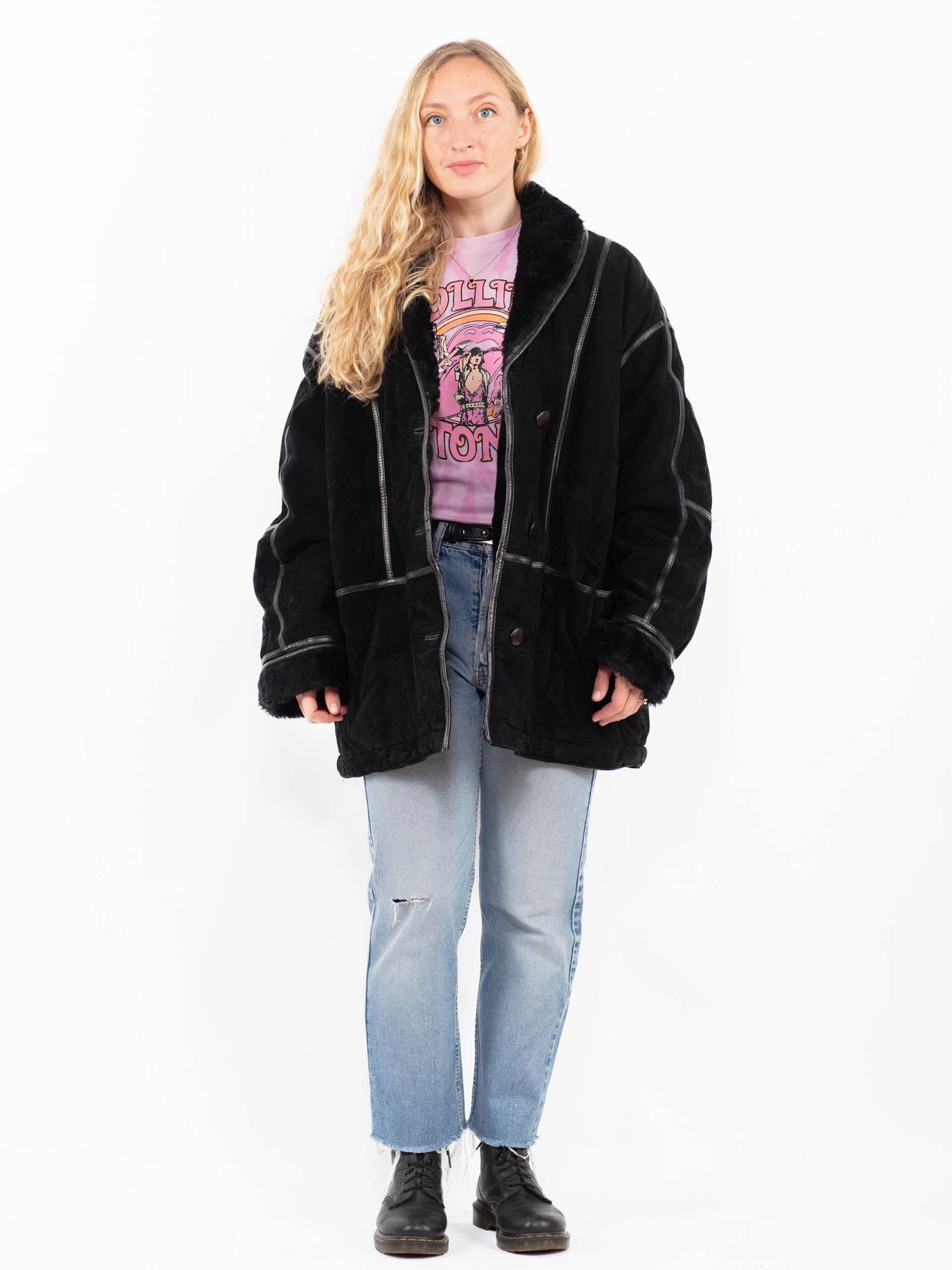 Vintage 90's Women Suede Sherpa Coat in Black by Northern Grip