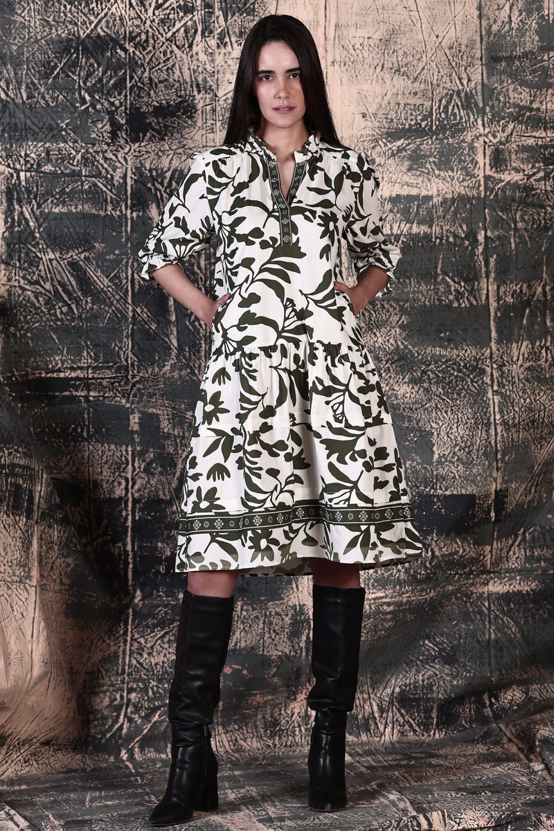OLIVE FOLIAGE SASHA DRESS by Maude Vivante