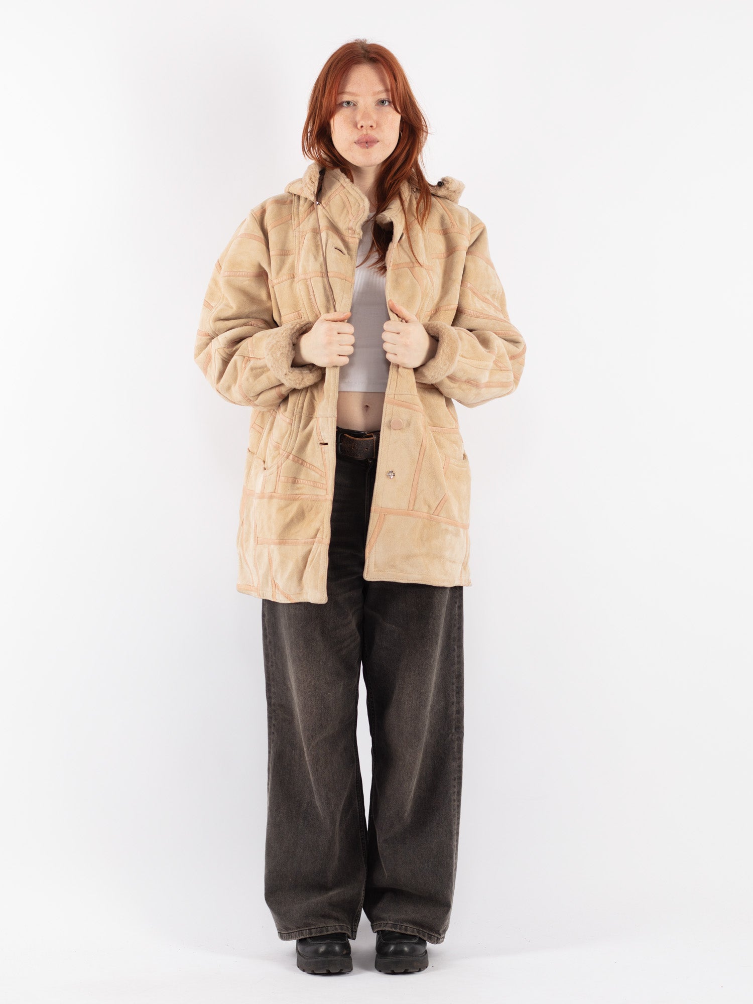 Vintage 90's Women Hooded Sheepskin Coat in Beige by Northern Grip