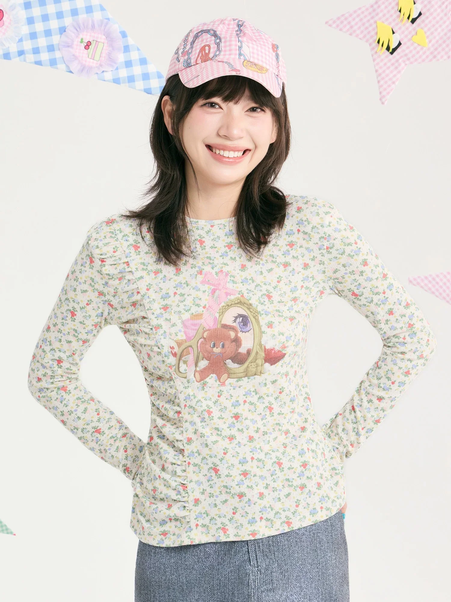 Kawaii Teddy Floral Ruched Top - tntntutu by Land Decora