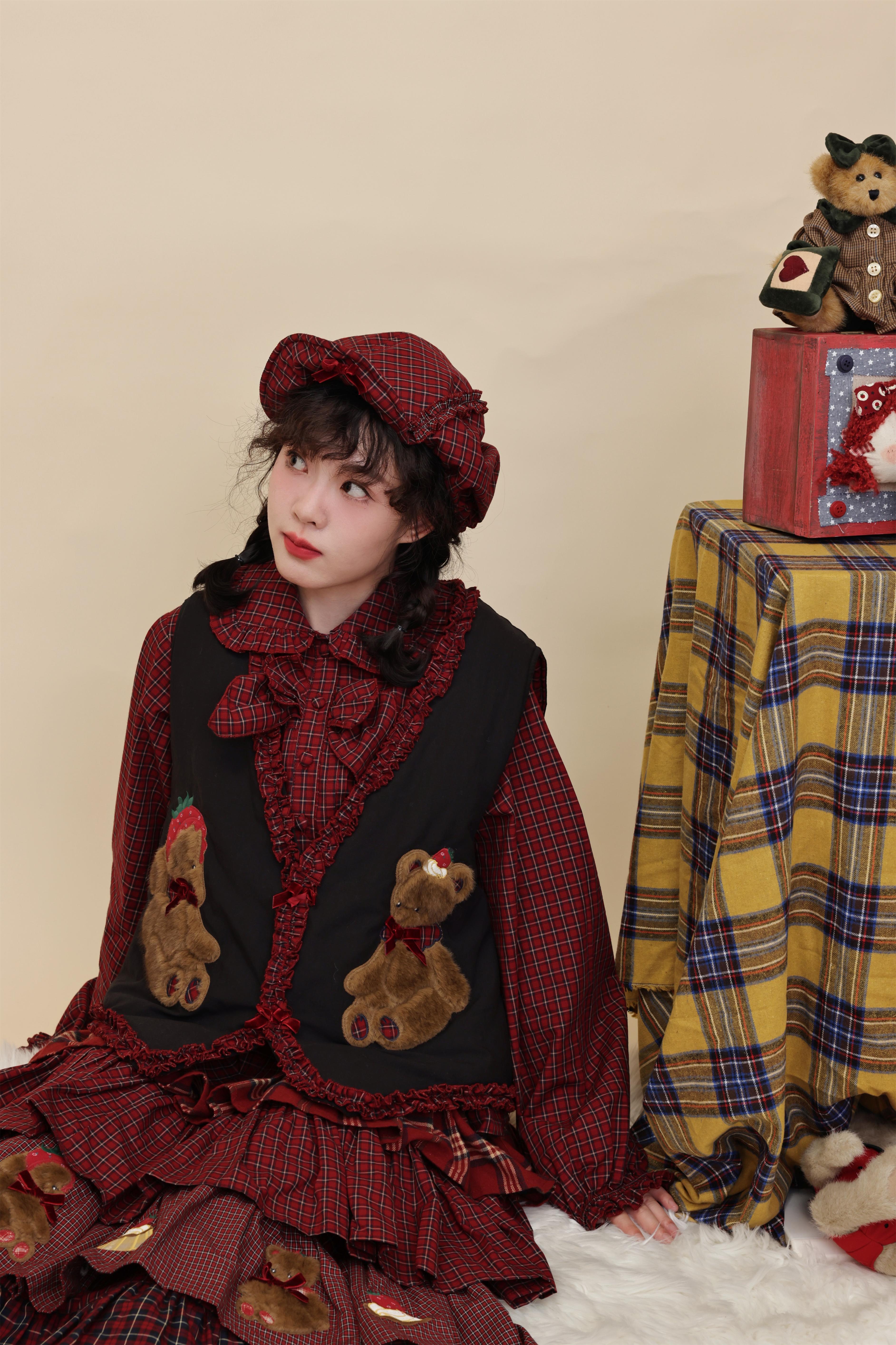 Kawaii Vest Plaid Lace Teddy Rabbit Embroidery Padded - SemenCoicis by Land Decora