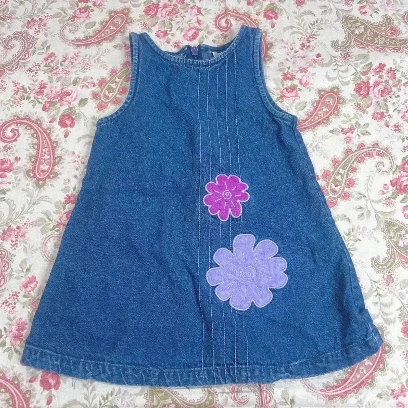 Vintage Maggie & Zoe Little Girl Baby Denim Dress Purple Flowers 18M by Hot Girl Secondhand
