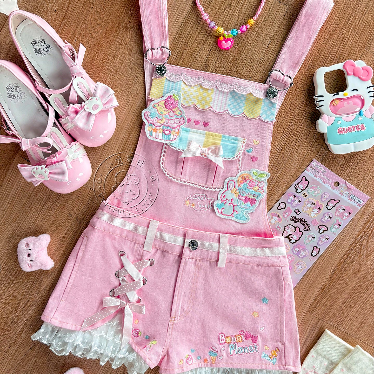 Decora Kei Embroidered Detachable Overalls - Bunny Planet by Land Decora